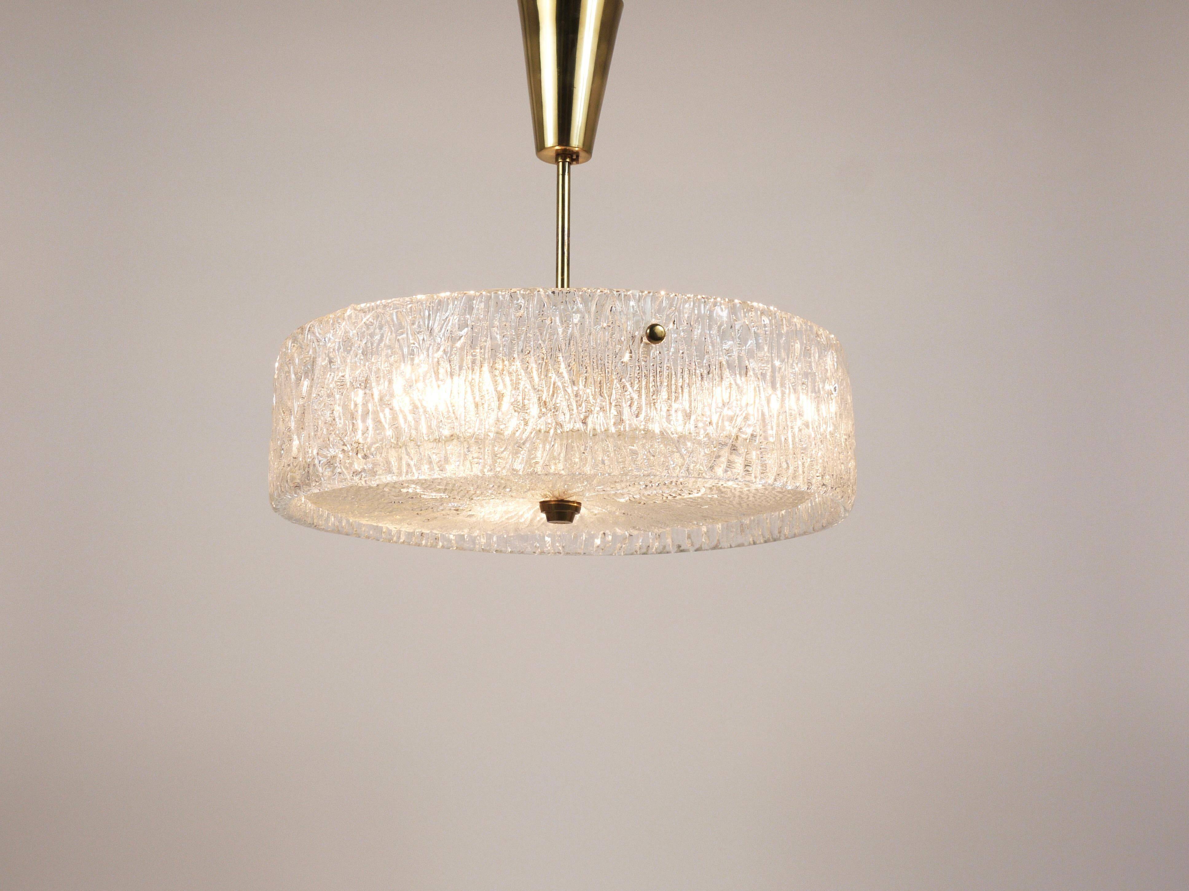 J.T. Kalmar Lustre pendant light in brass and textured glass, 1950s