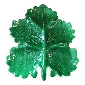 Plat vintage en Barbotine feuille verte