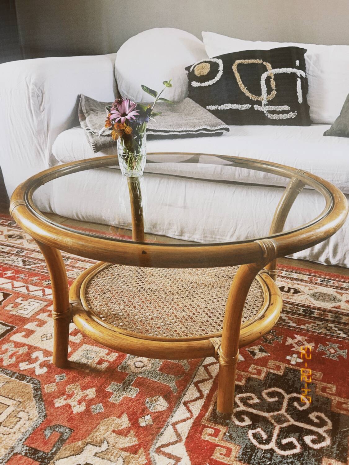 Vintage rattan and glass coffee table