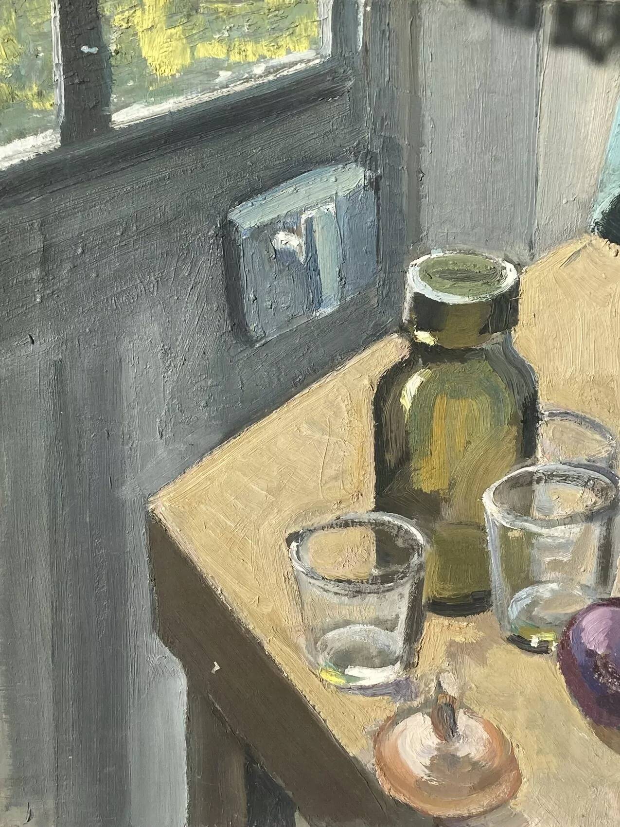 Oil painting on canvas, still life with glasses, 1950s