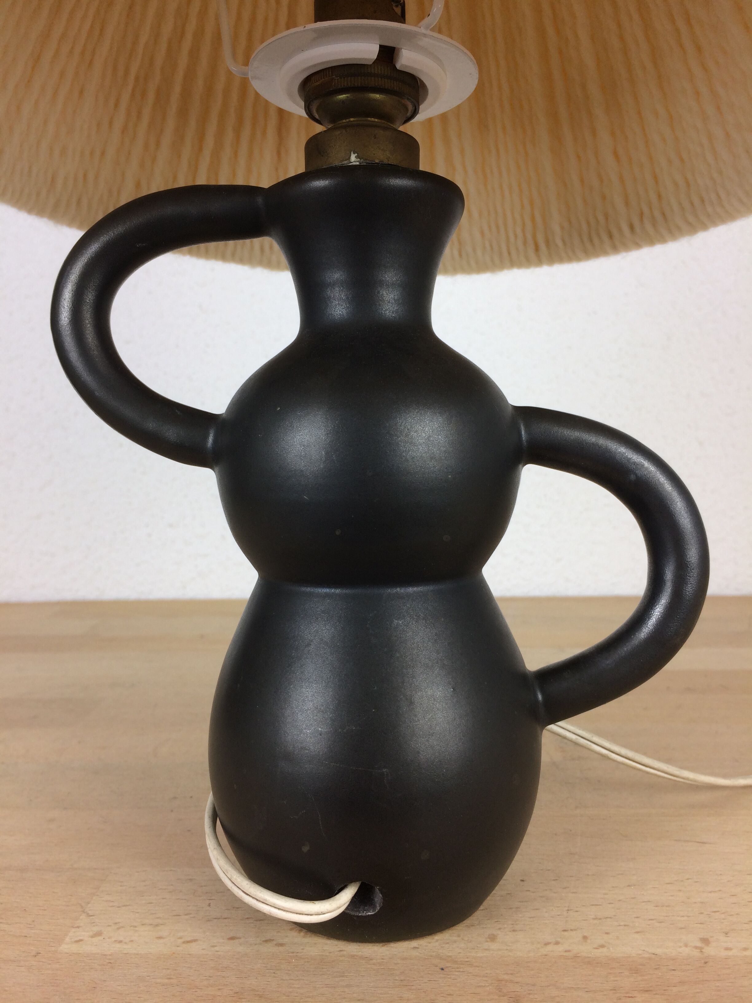 Black ceramic lamp Henri Chatard, 50s, wool lampshade