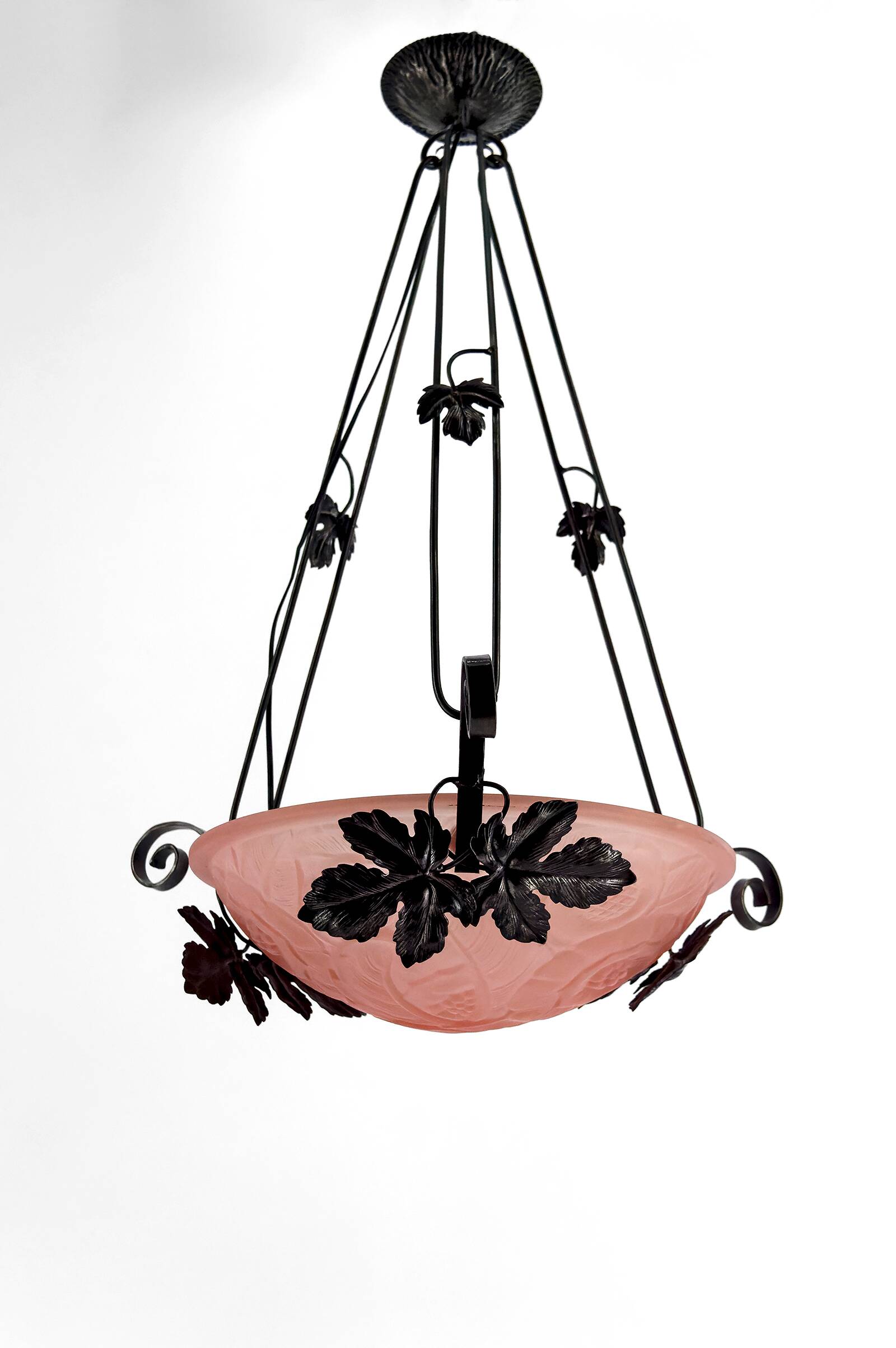 Wrought iron pendant light, pink bowl with floral decoration, Art Deco, Circa 1930