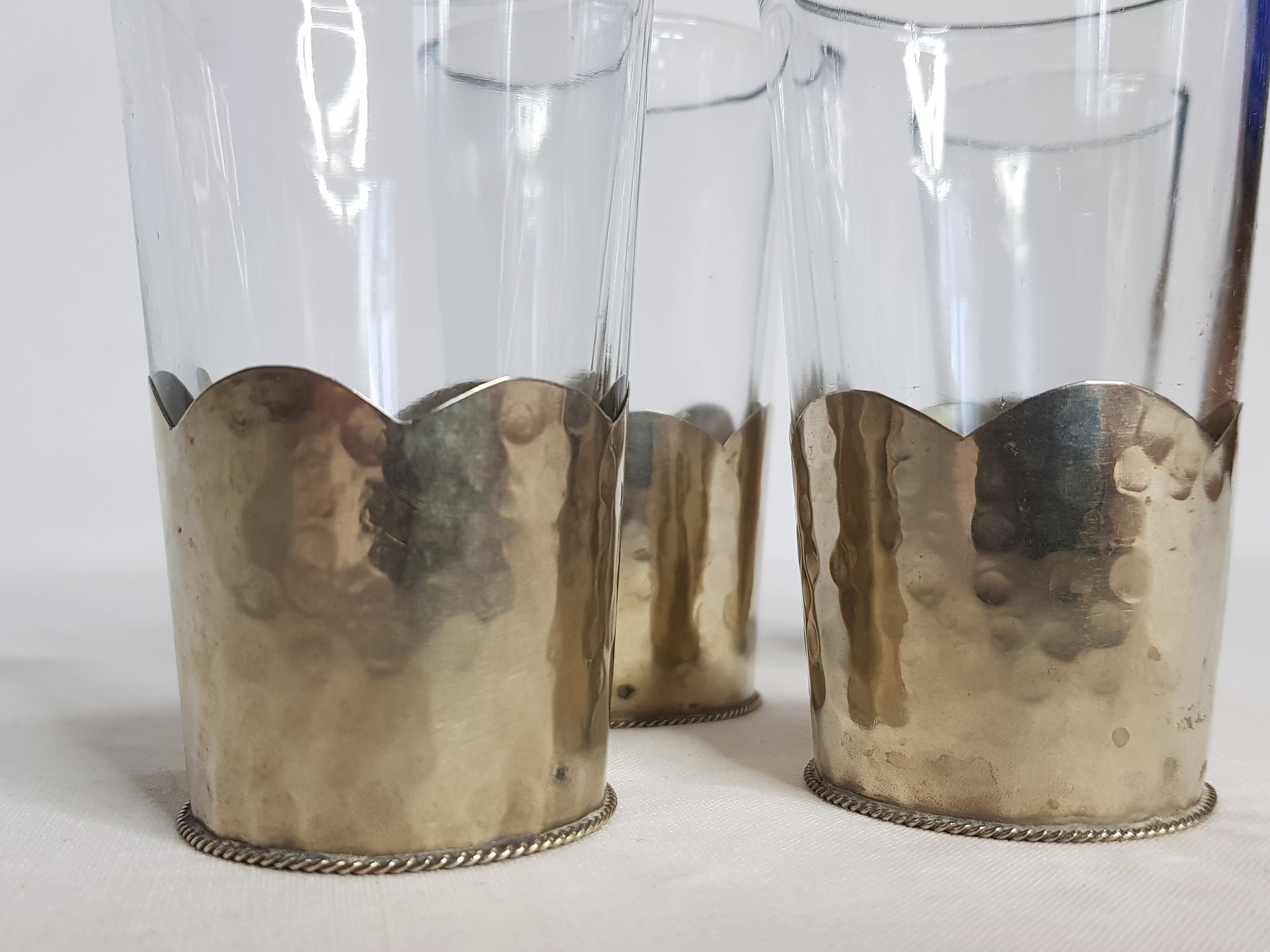 Set of 5 old Moroccan tea glasses in hammered glass and maillechort