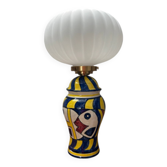 Lampe à poser motifs poissons globe en verre plissé