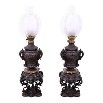 Pair of bronze oil lamps, France, circa 1880.