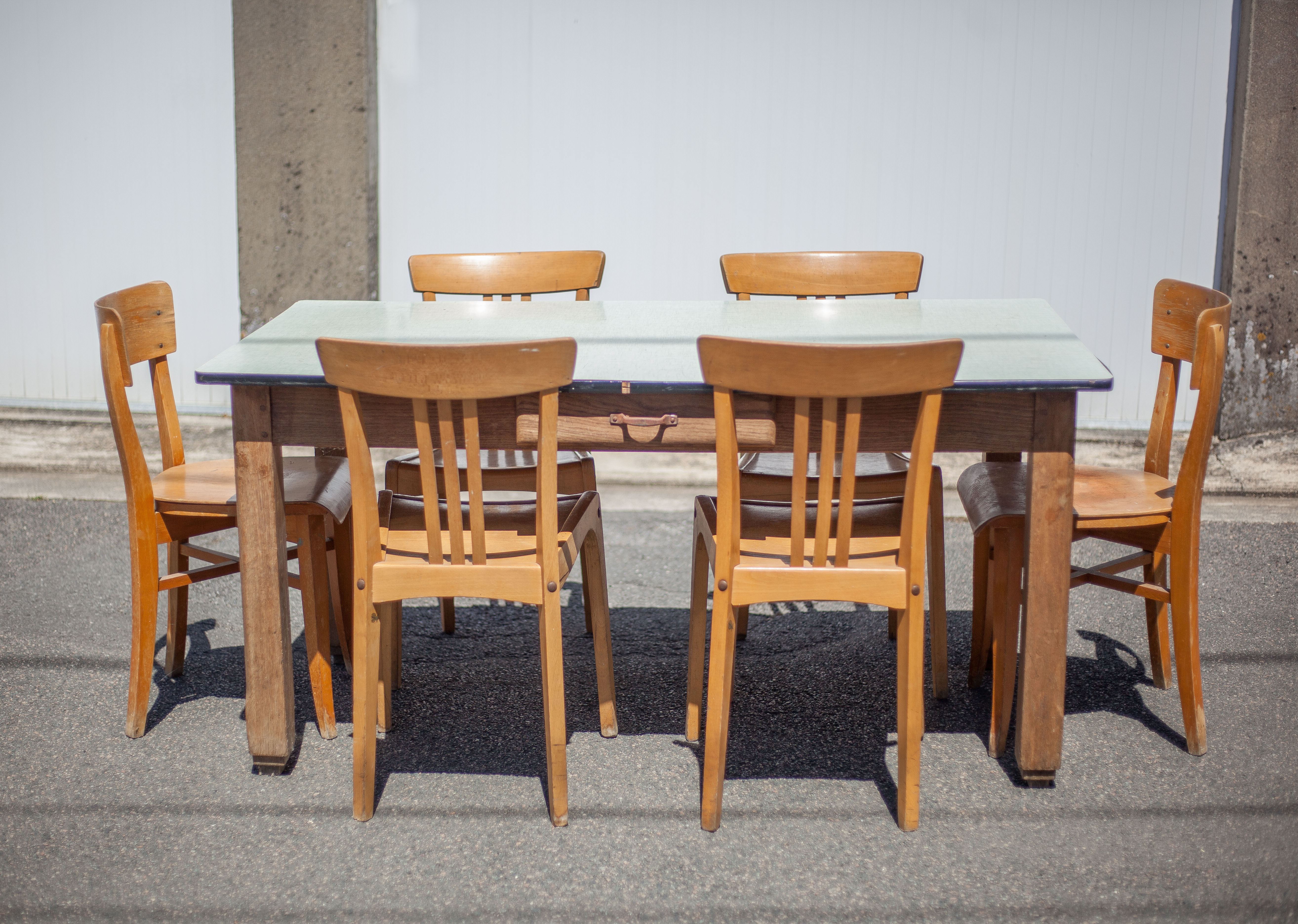 Wooden table formica top green vintage water