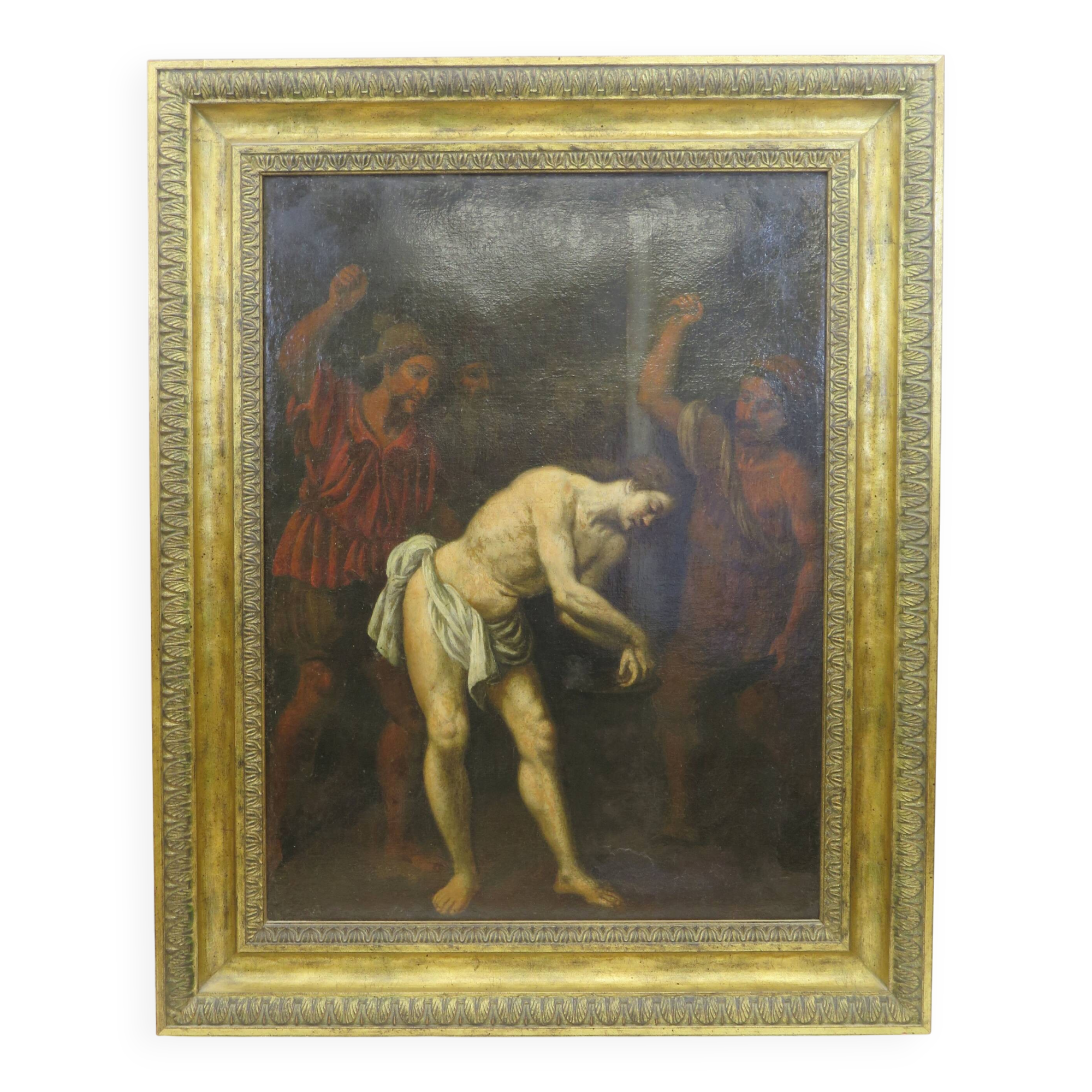 Antique painting Flagellation of Christ with early XIX gilded wooden frame