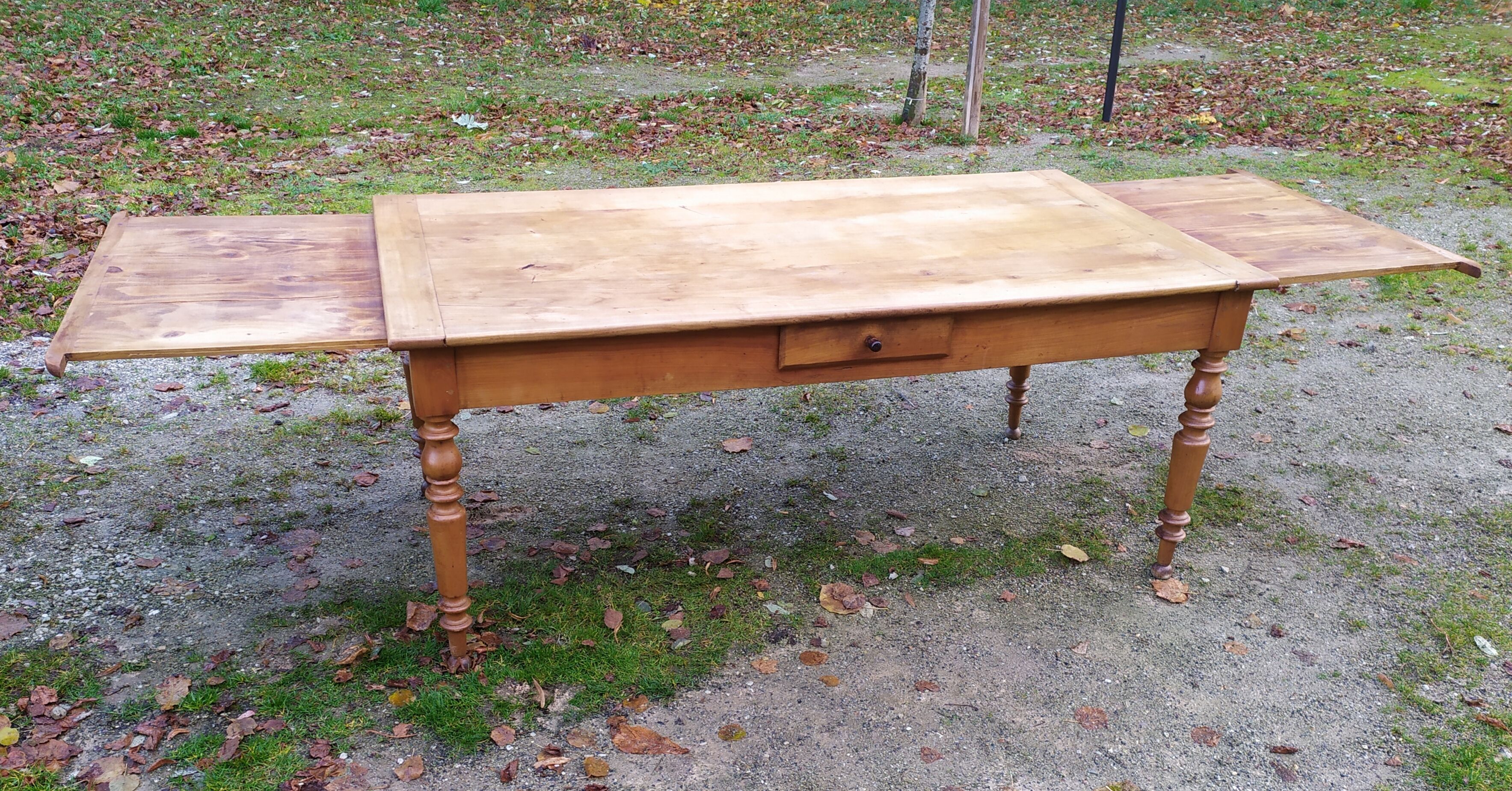 Cherry farm table, turned legs, 2 extensions