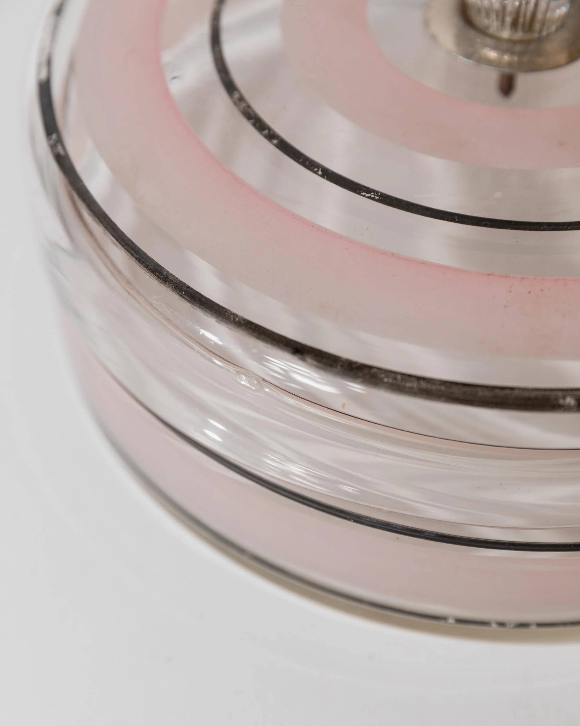Vintage glass sweet jar from the 1960s, candy jar with a pink and black striped lid, Italian glass art.