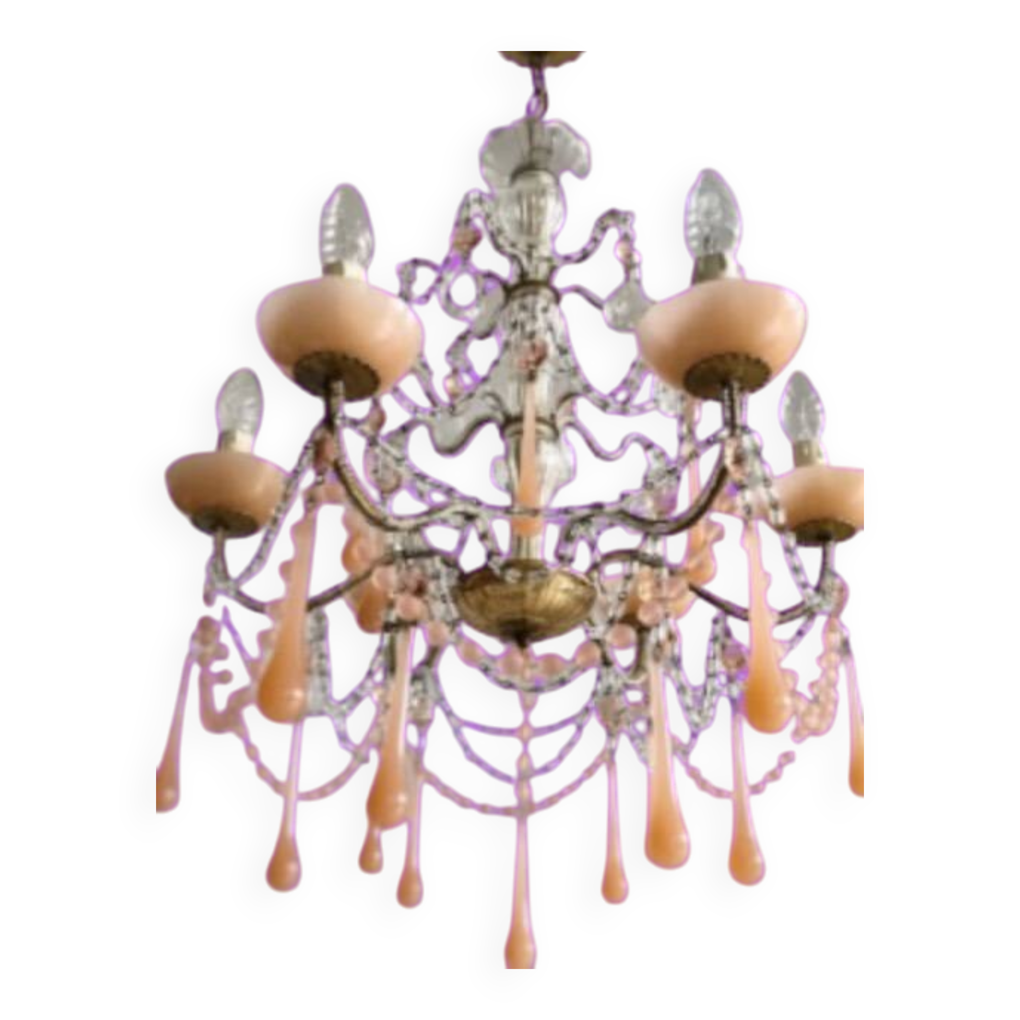 Superb antique chandelier brass/glass/Murano opal.