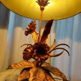 Large lamp, bouquet of vintage anemone flowers, gold metal, Hans Kogl