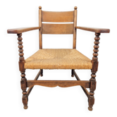Vintage Dutch Bobbin Armchair in Oak and Rush, 1930s