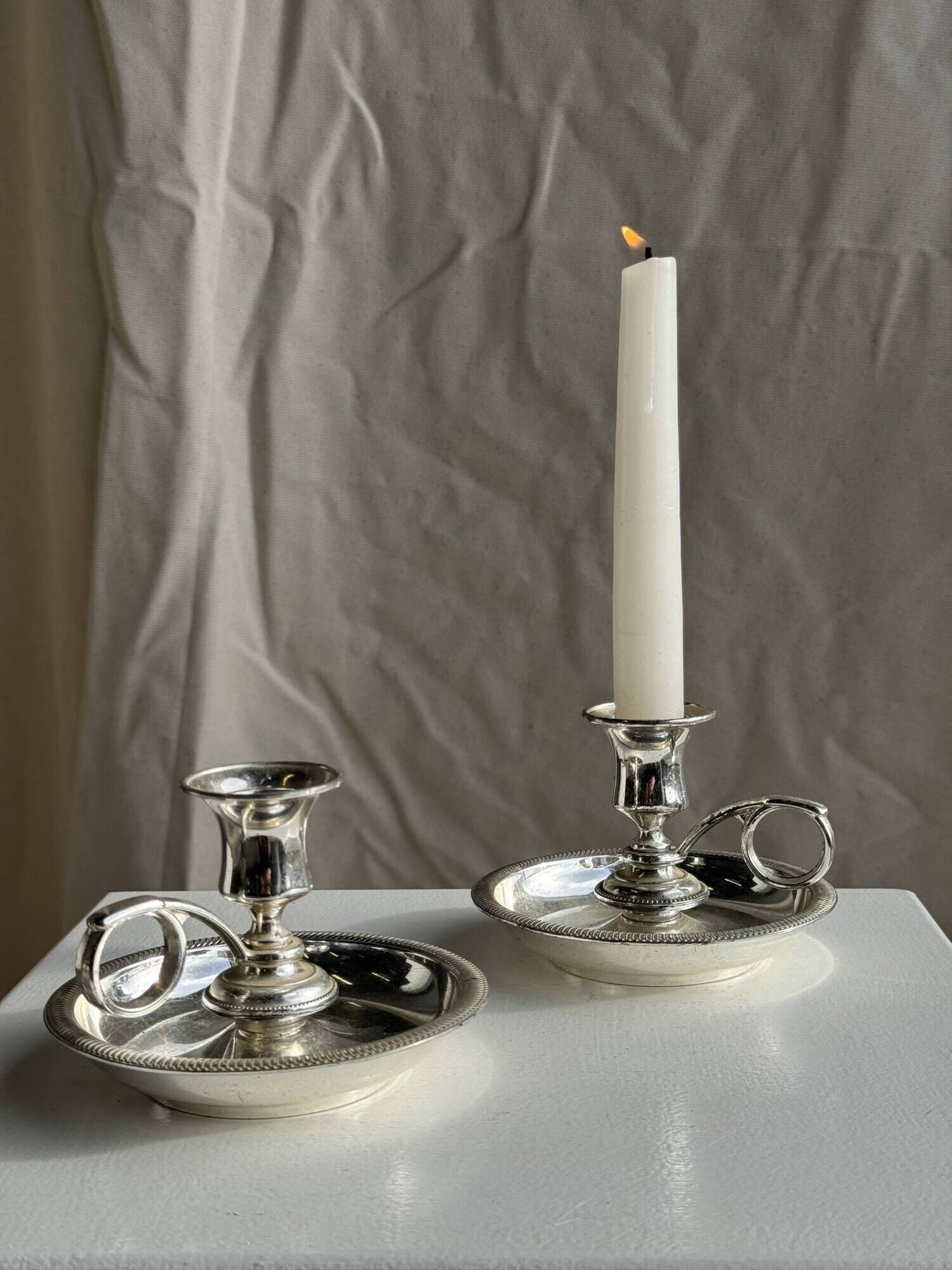 Pair of small antique silver-plated candlesticks D12 H8