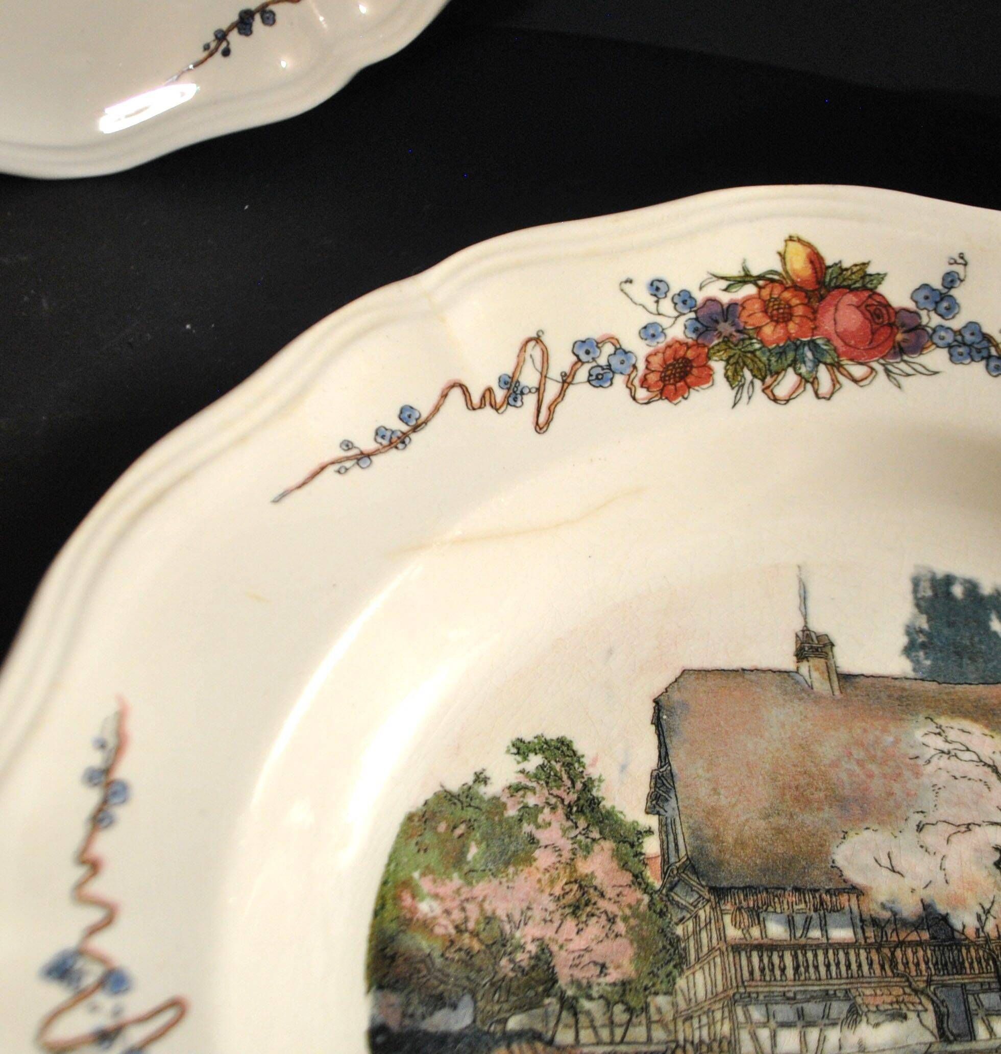 Sarreguemines set of 6 flat plates Obernai village Alsace by Loux