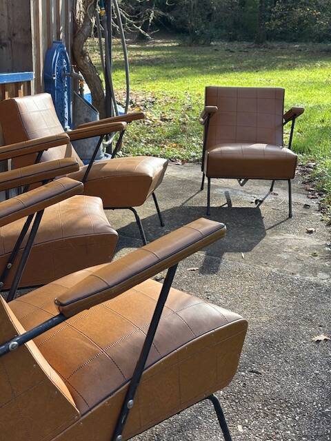 4 camel faux leather armchairs, 1950s