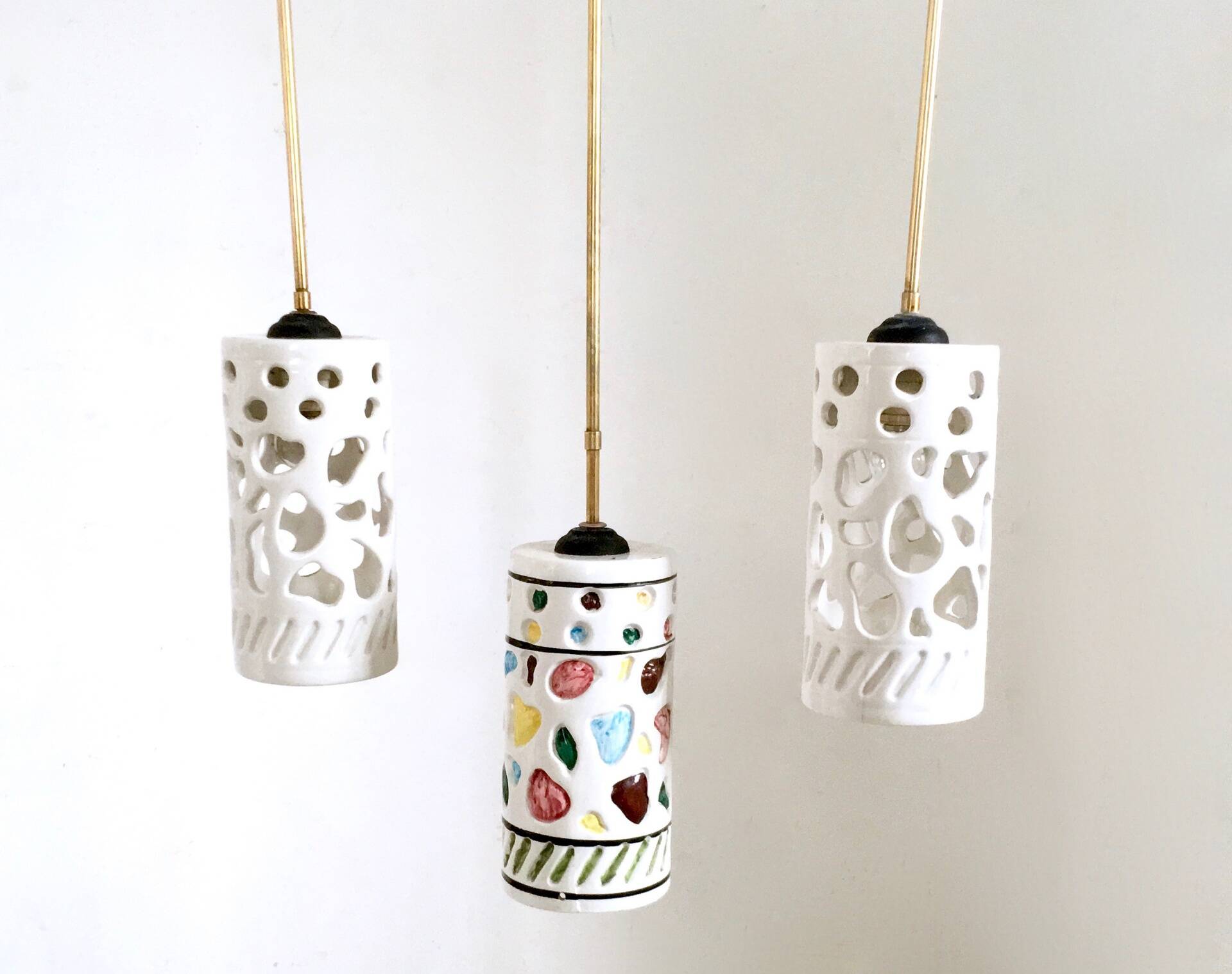 Chandelier with Cylindrical Ceramic Lampshades by Ceramiche Pucci, Italy