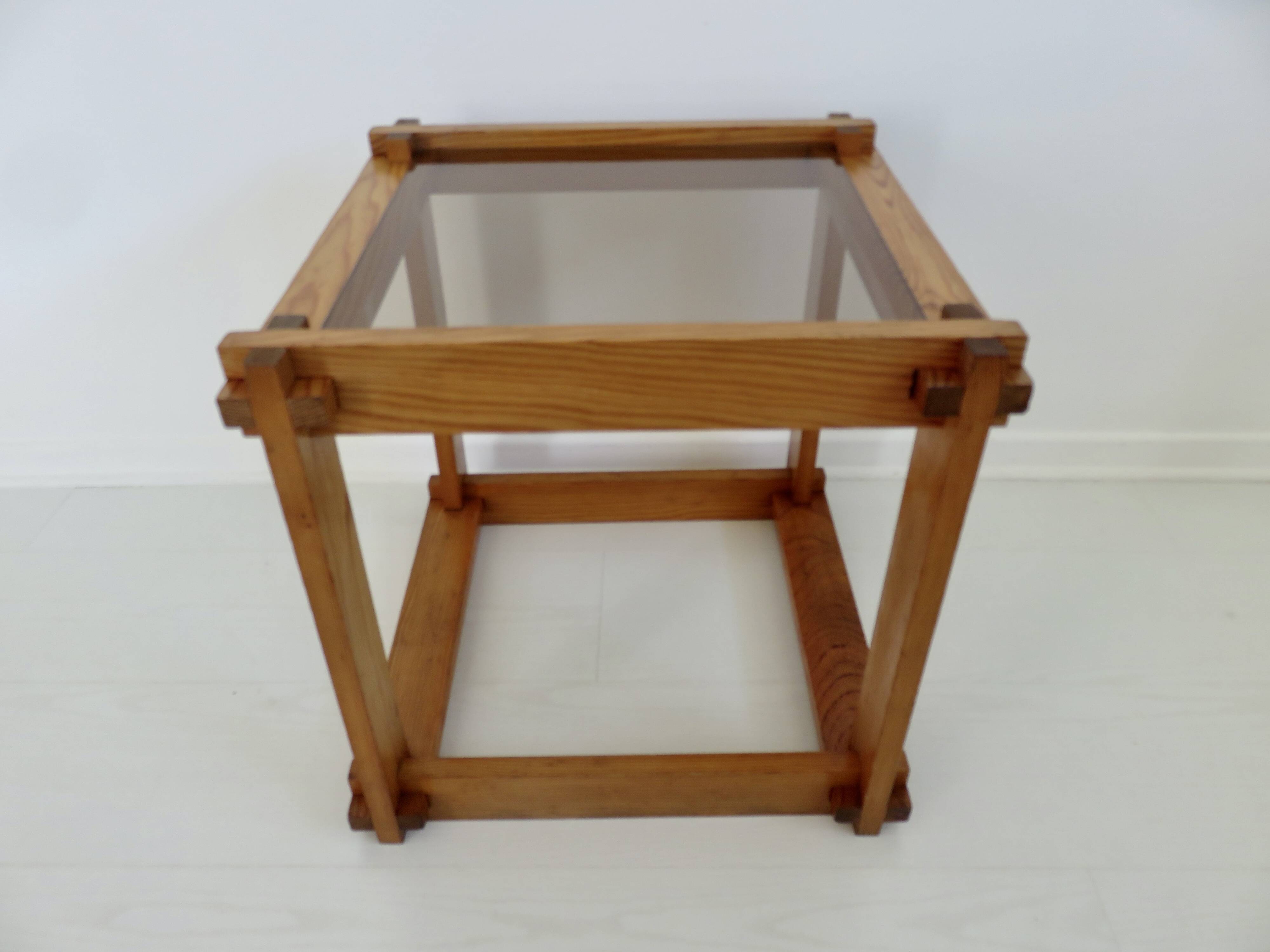 Scandinavian bedside table or side table in pine and smoked glass, 1980
