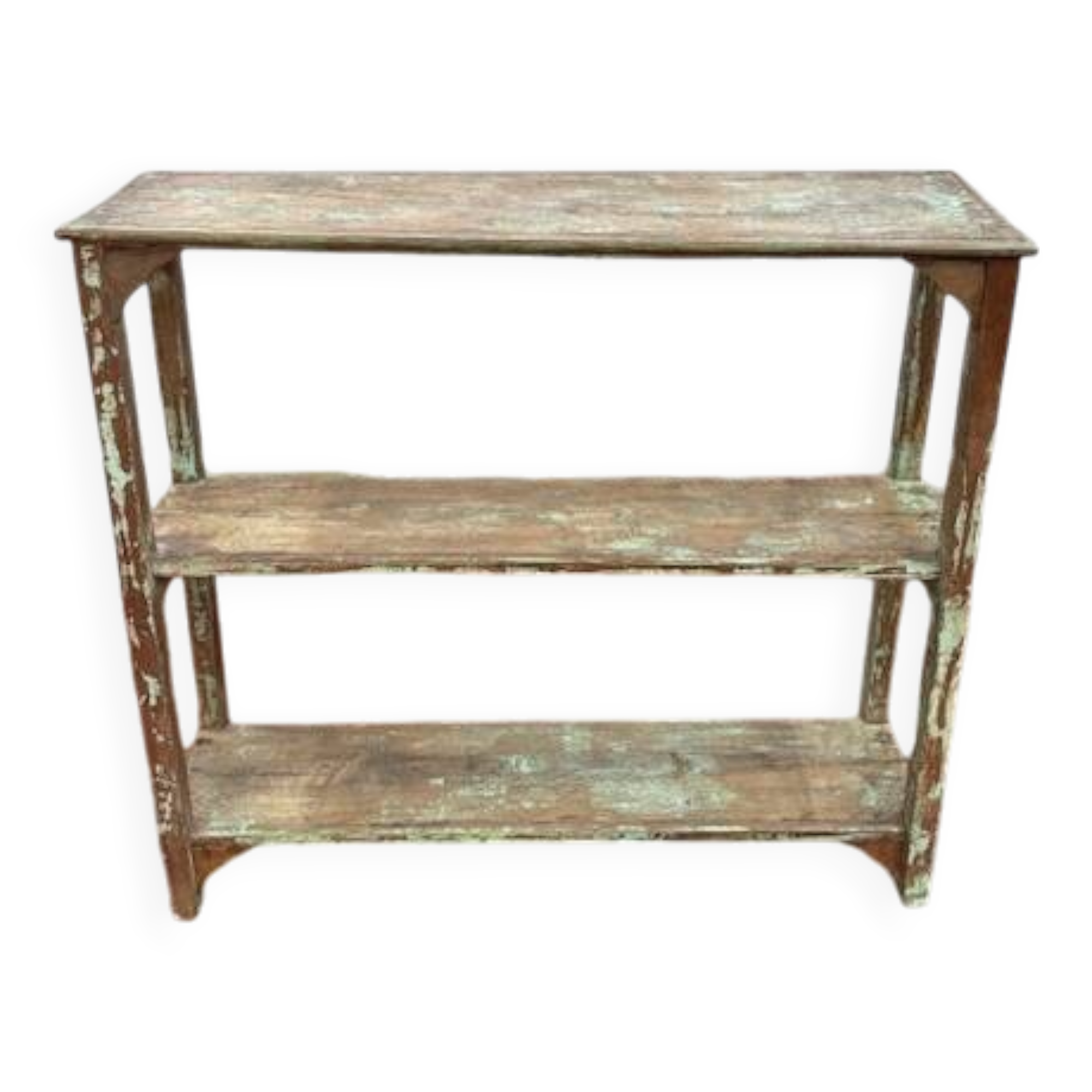Teak shelves with a green patina