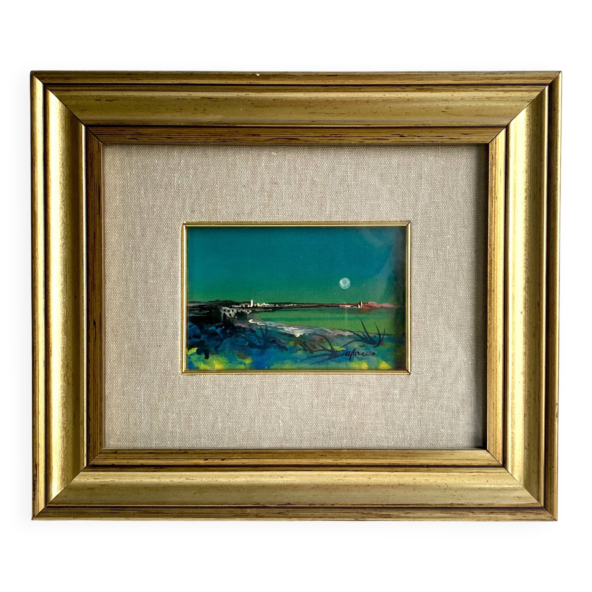 Huile 1990 sous verre cadre bois