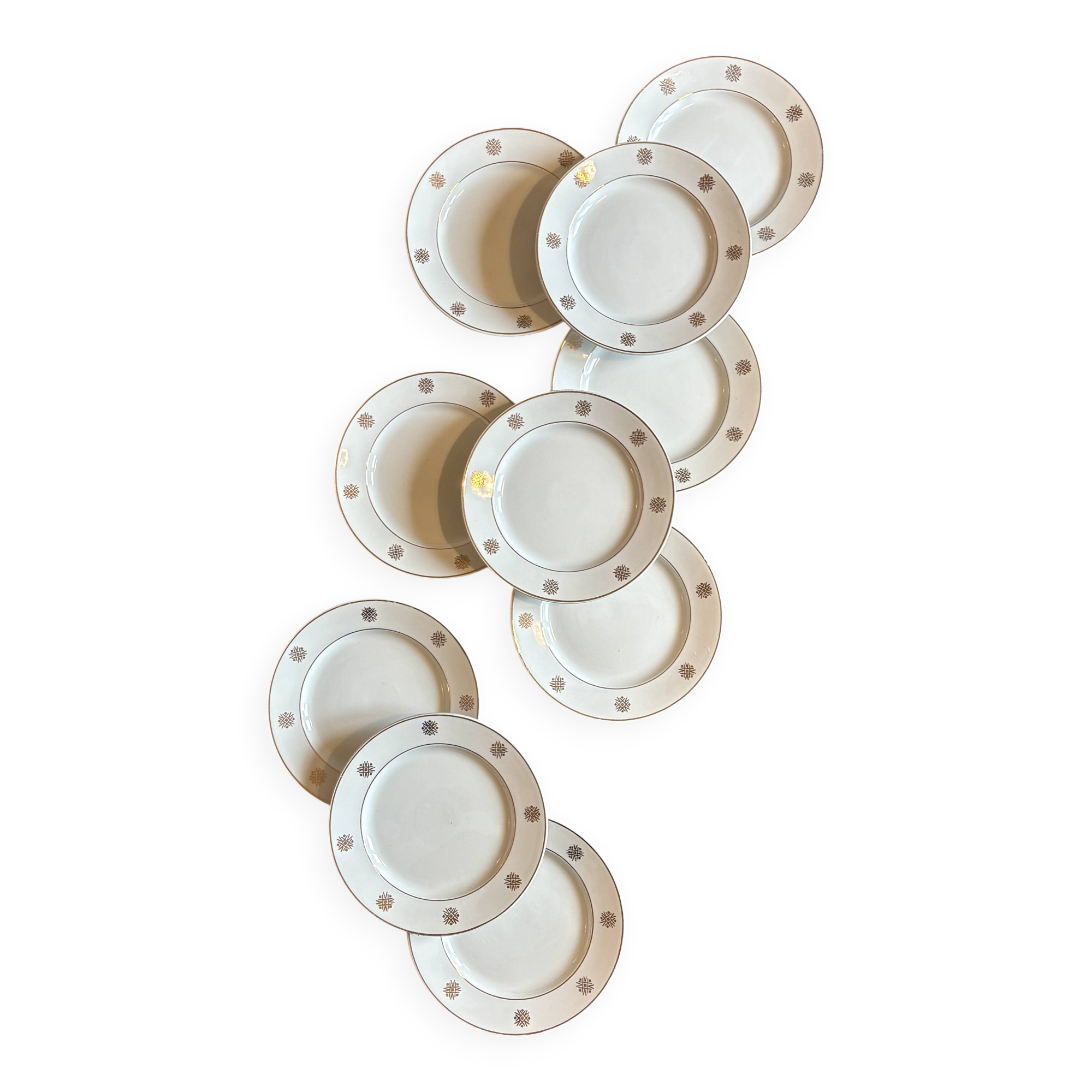 Lot de 10 assiettes à dessert vintage blanches et dorées