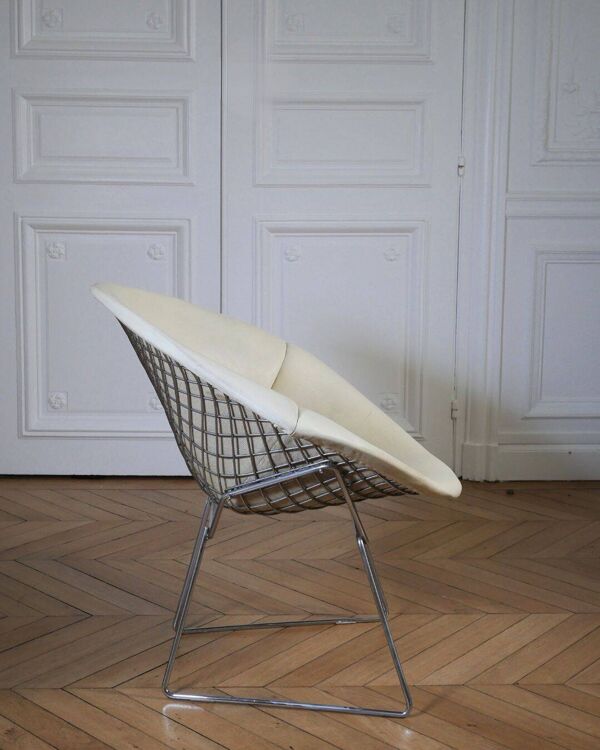 Fauteuil diamant d'Harry Bertoïa entièrement tapissé de cuir crème