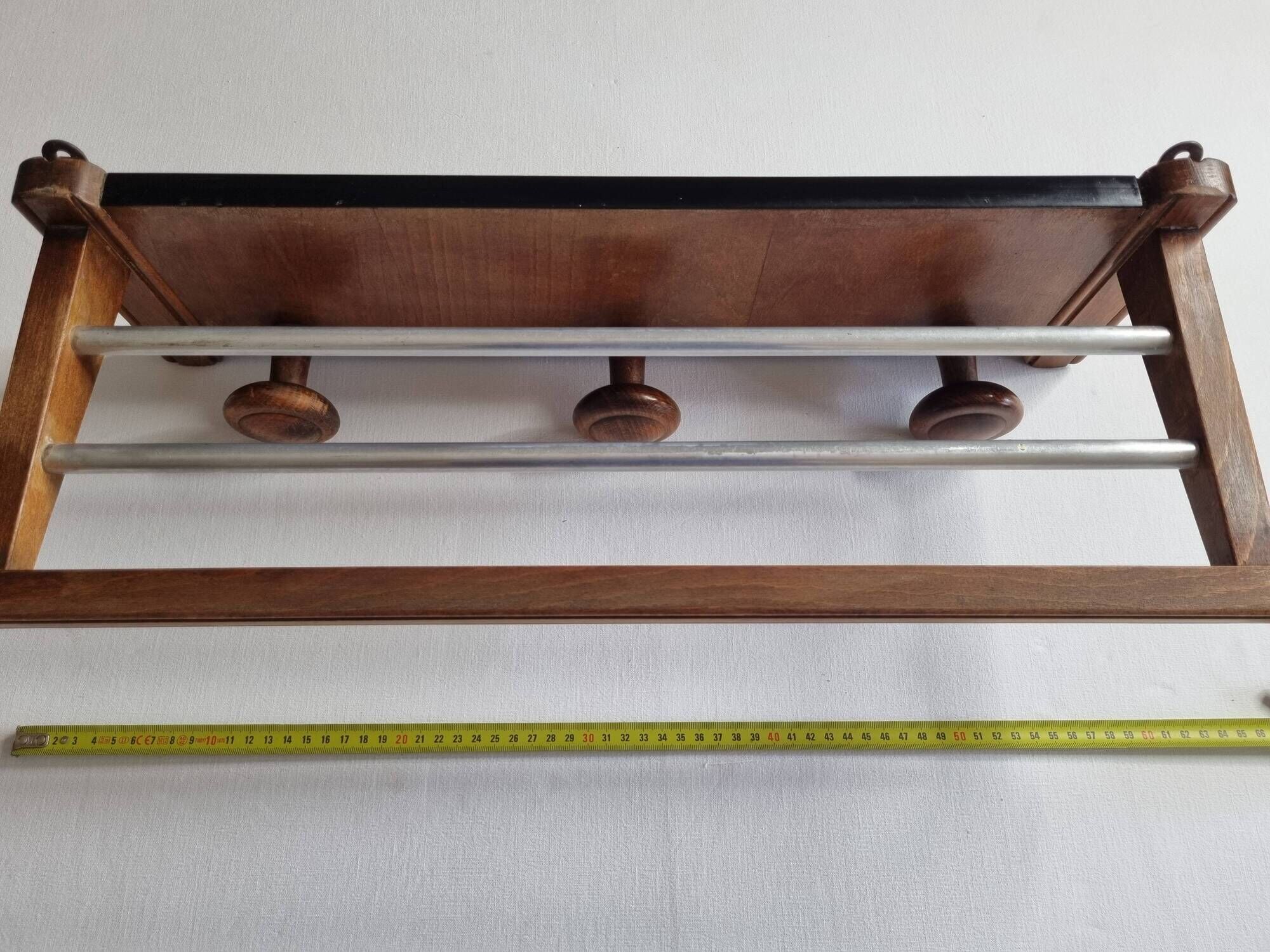 Vintage wall mounted coat rack in wood and metal, 3 hooks, retro style