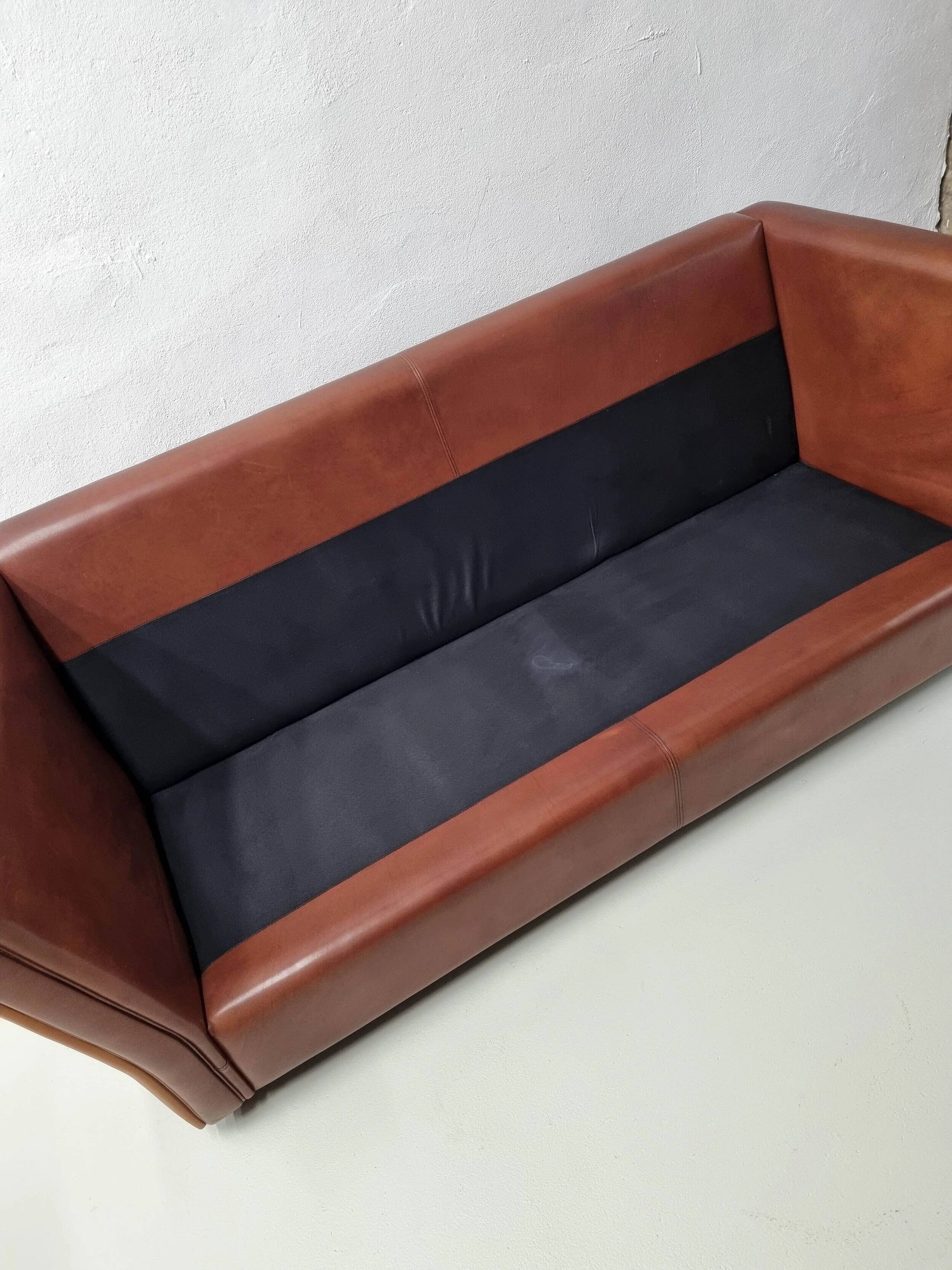 Vintage striped brown orange leather sofa (210 cm x 88 cm)