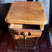 Antique Louis XV style bedside table, marble niche, marquetry, late 19th century