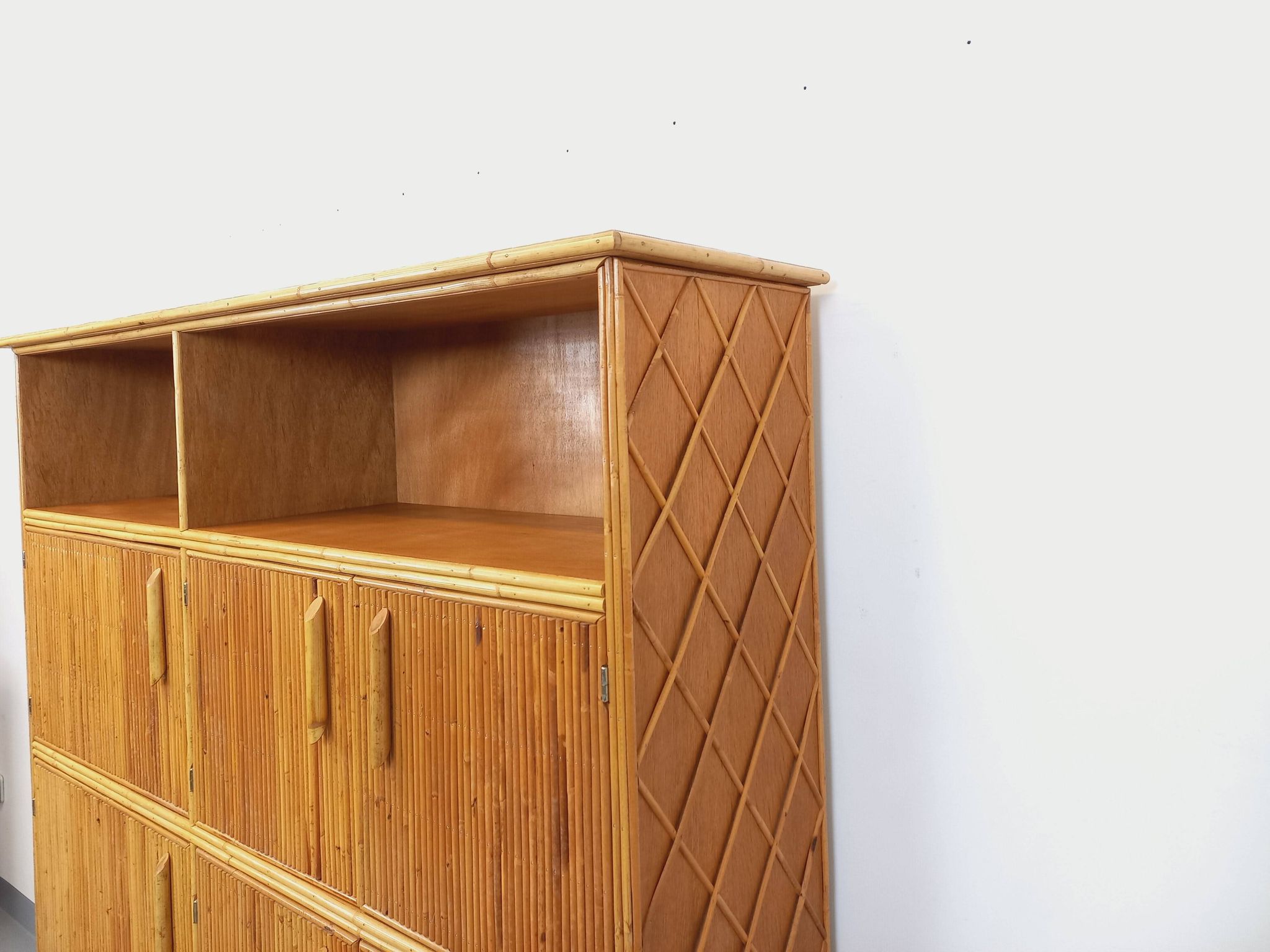 Vintage rattan and light wood storage unit from the 60s