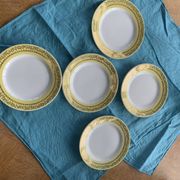 6 small plates with yellow borders and floral pattern gold antiques