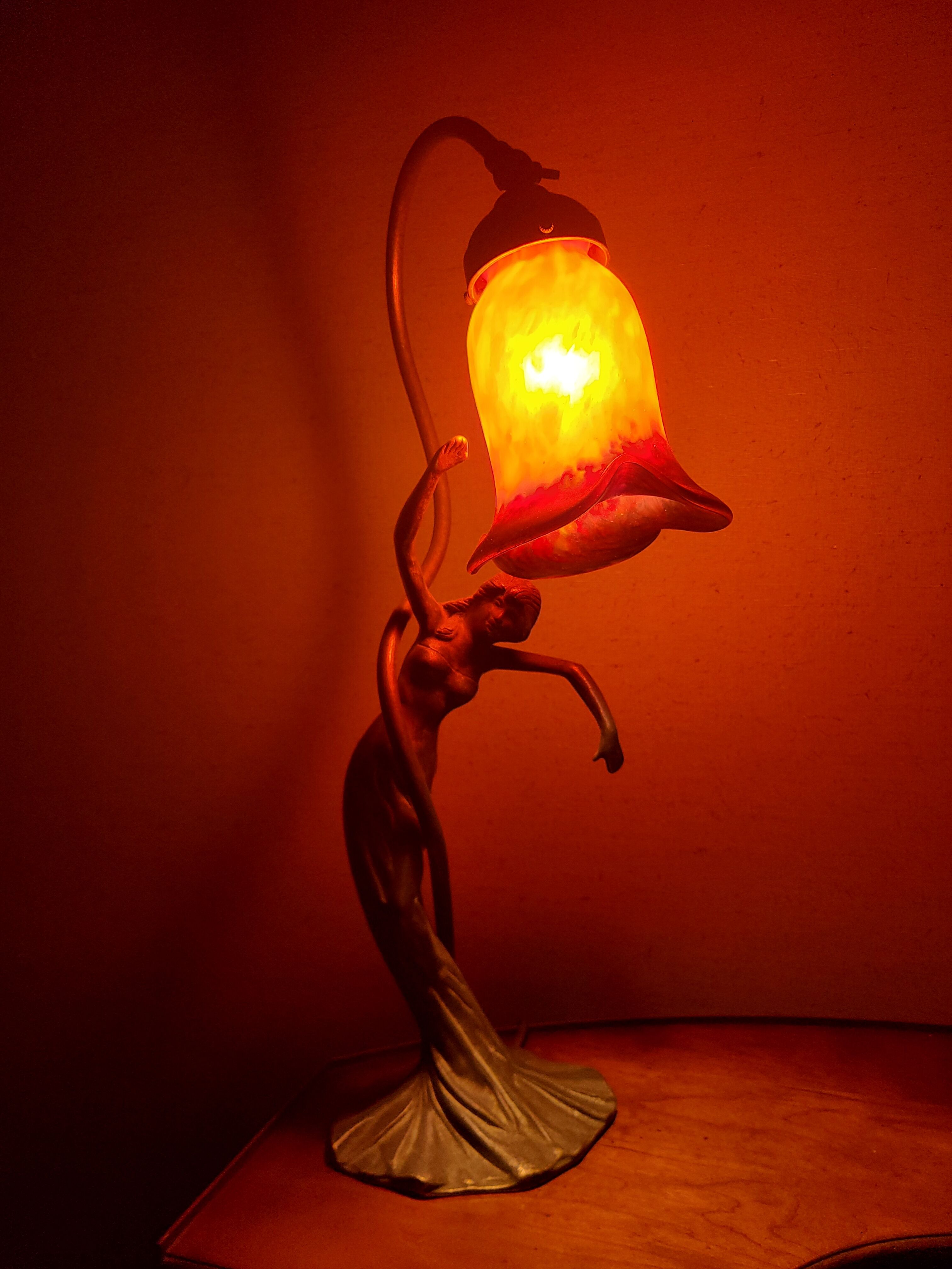 Art nouveau bronze lamp and glass paste