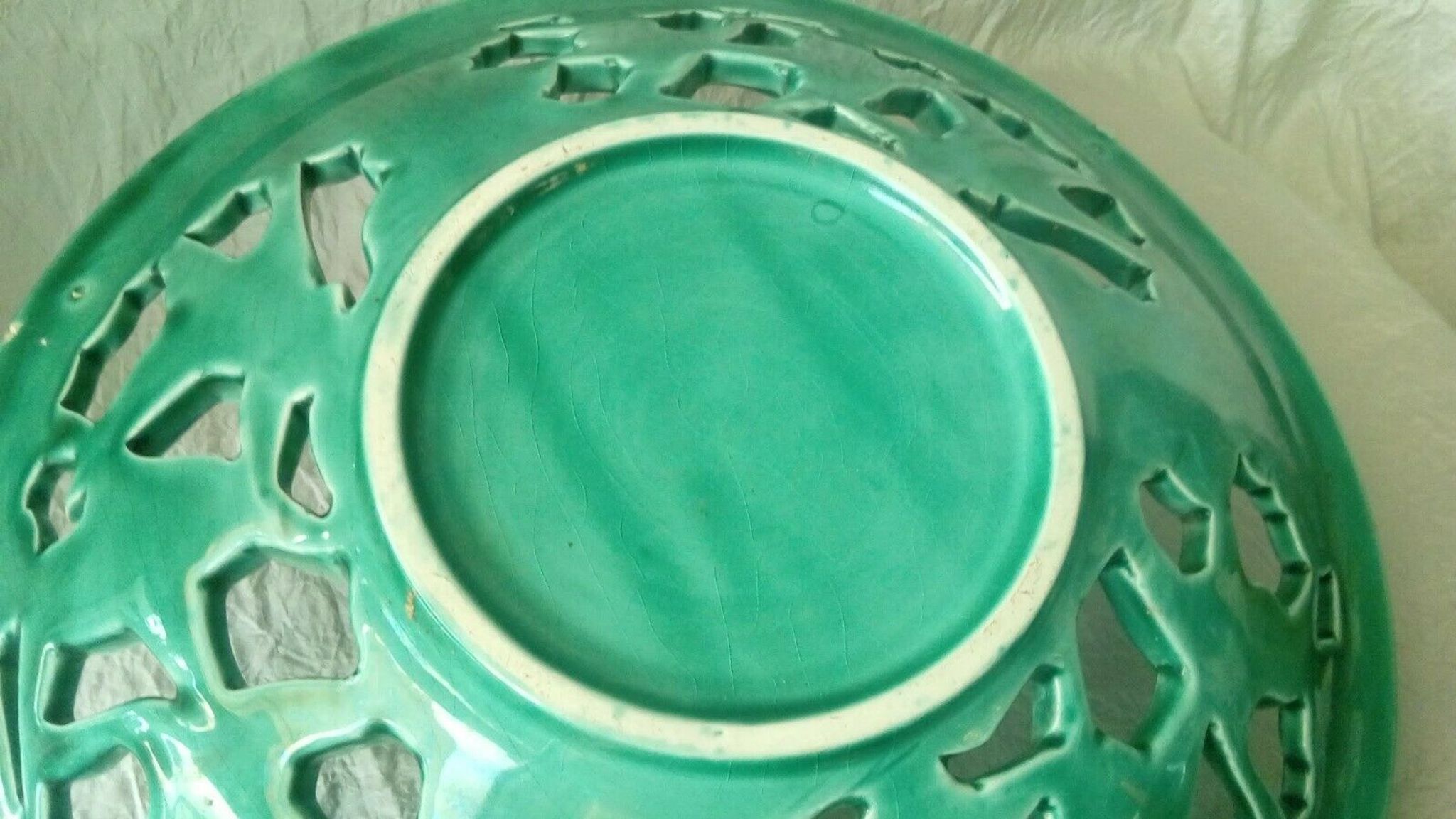 Twisted and pierced ceramic fruit bowl with a duck motif from the 1950s.