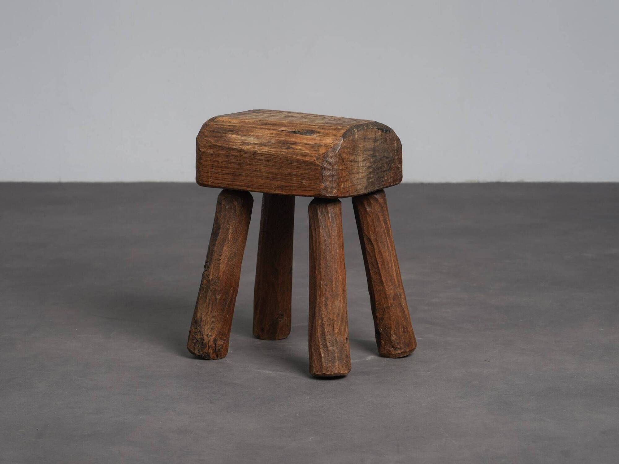 Robust primitive solid wood stool, Europe, 1970s