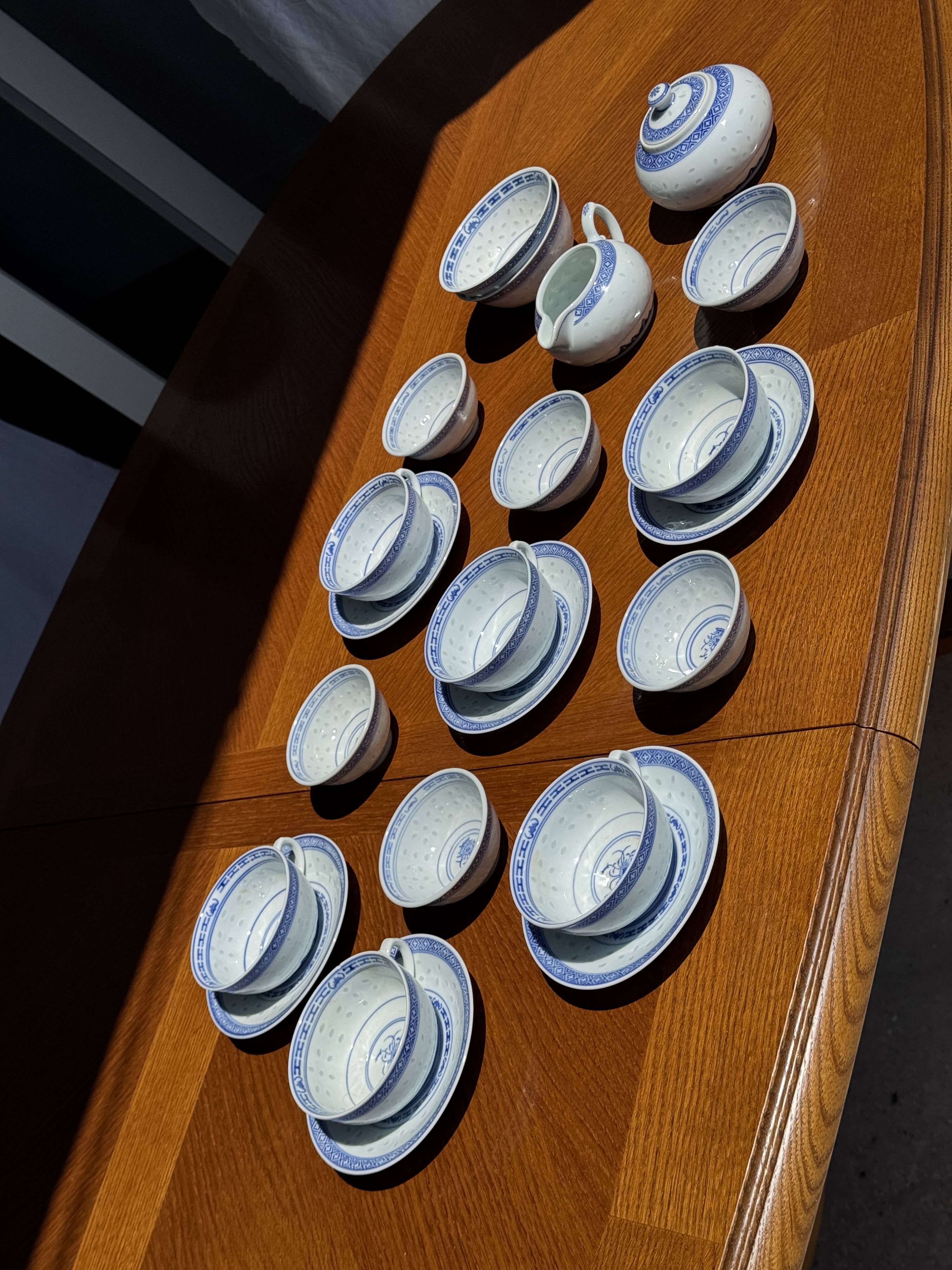 Small Chinese blue and white tea set for 6 cups and saucers.