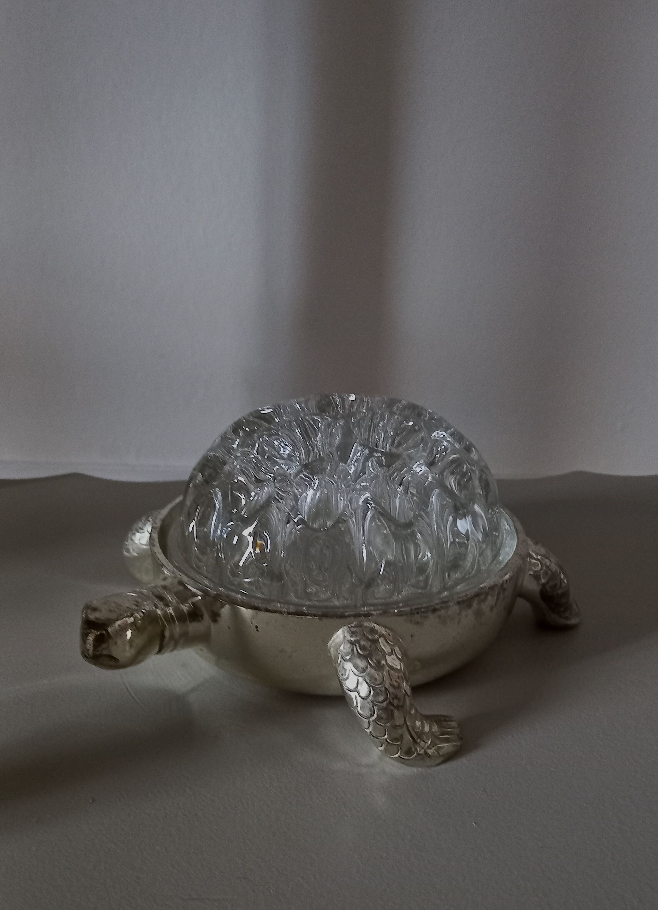 Pique-fleurs en verre de Reims 19 trous socle en métal argenté forme tortue