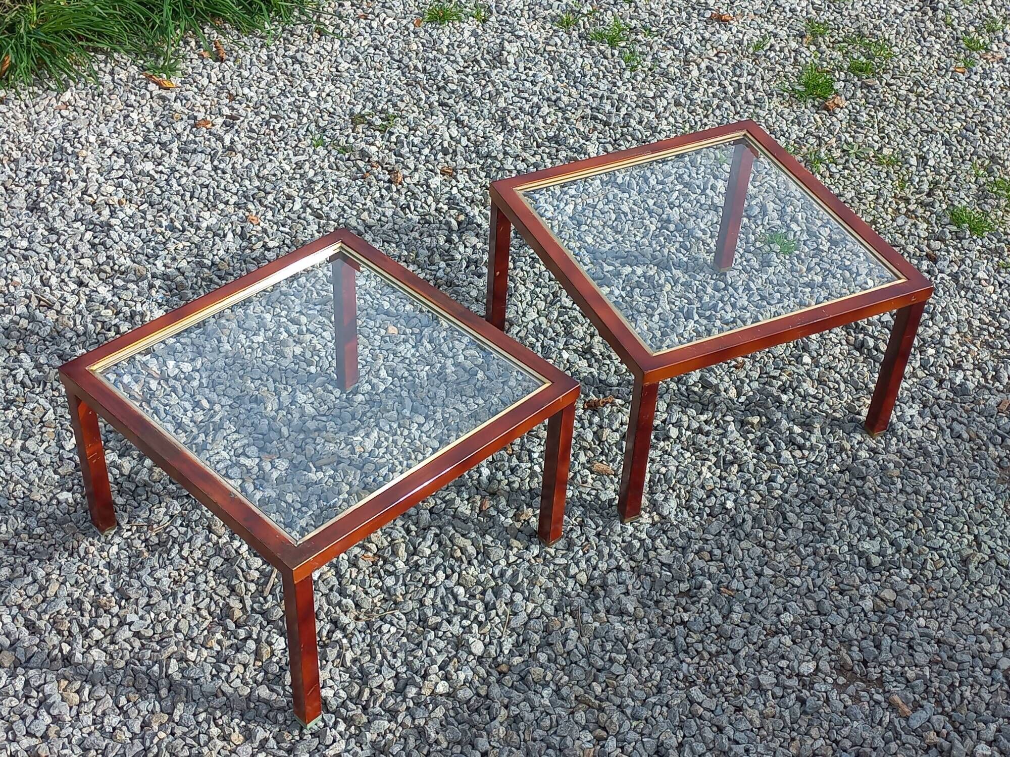 Pair of 1970s side tables in lacquered brass and glass