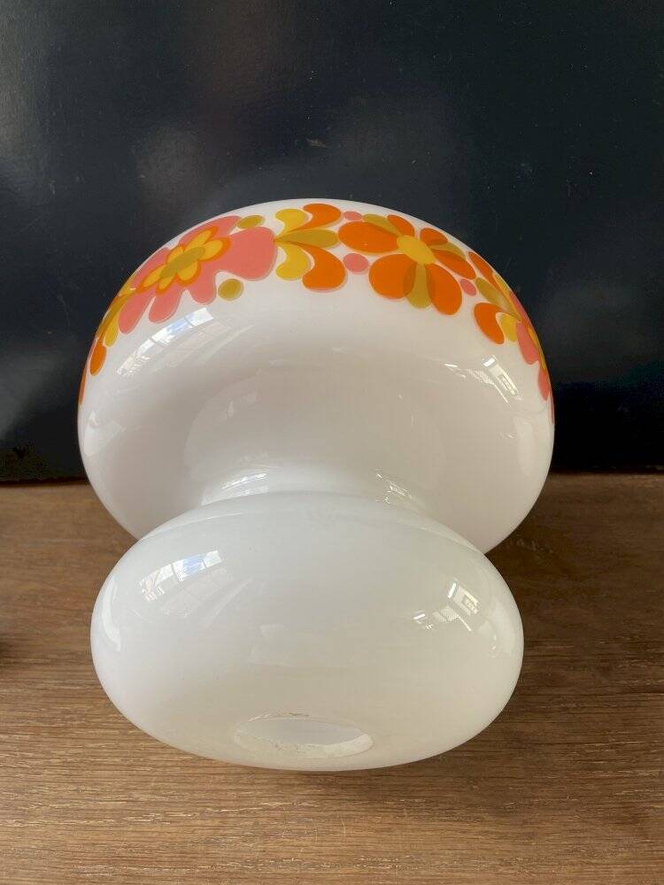White opaline pendant light with floral decor from the 60s and 70s
