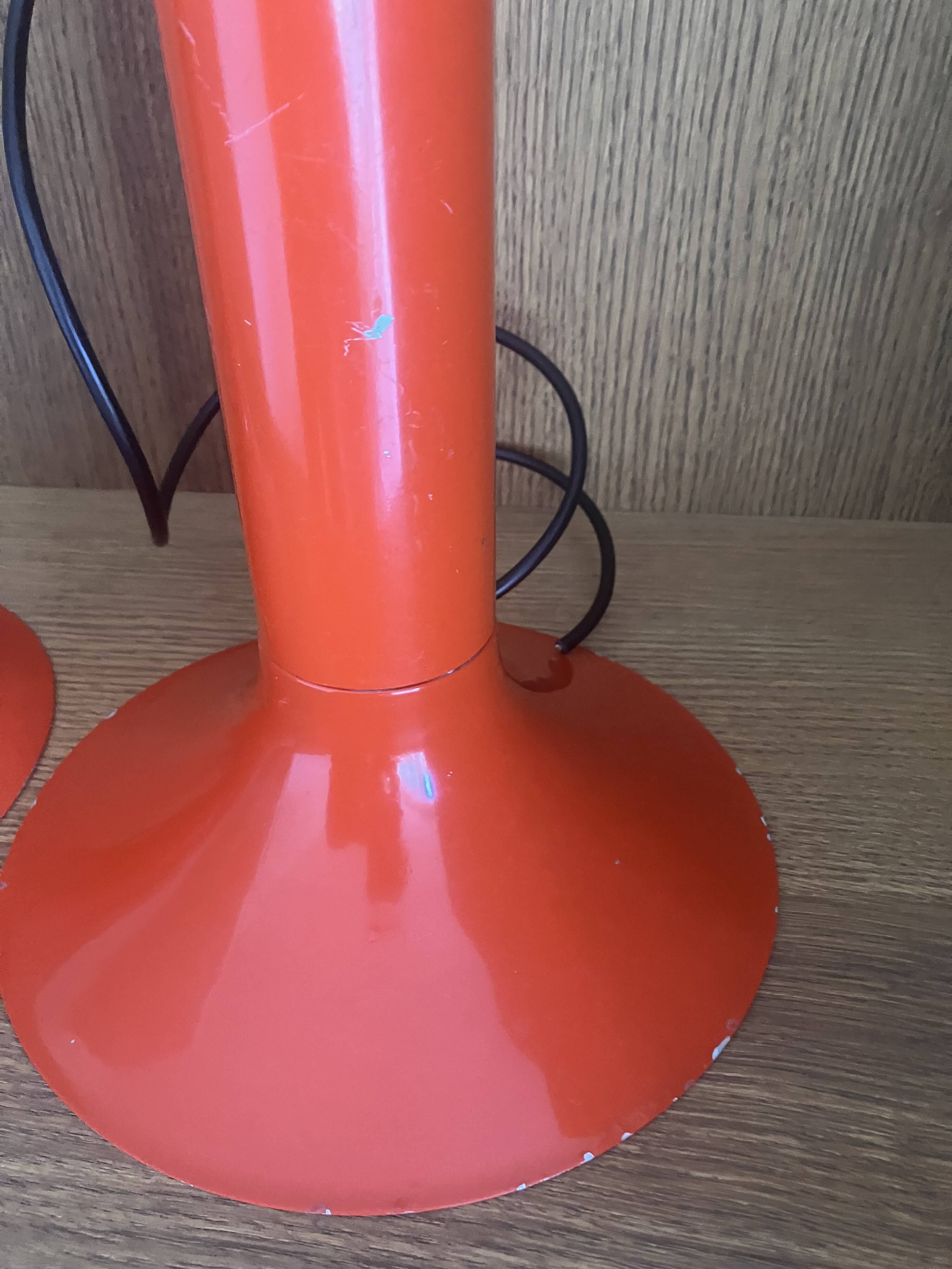 Pair of Lita metal orange pendant lights from the 70s Space Age.