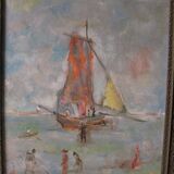 Ancienne peinture sur toile tableau voilier français bord de mer signé JP Gilbert 69