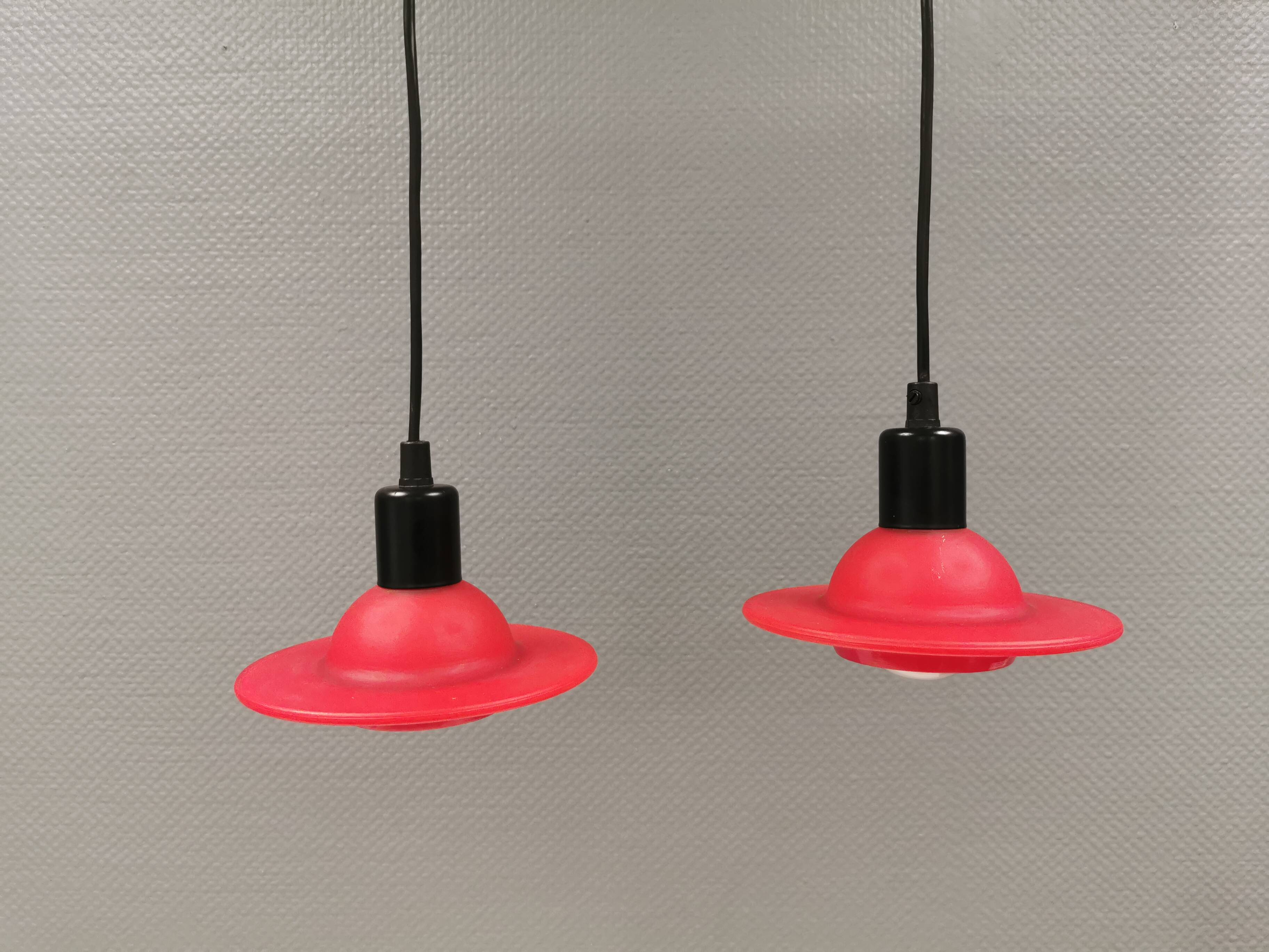 Red UFO glass lamps from the early 90s, Danish and made by Design Light