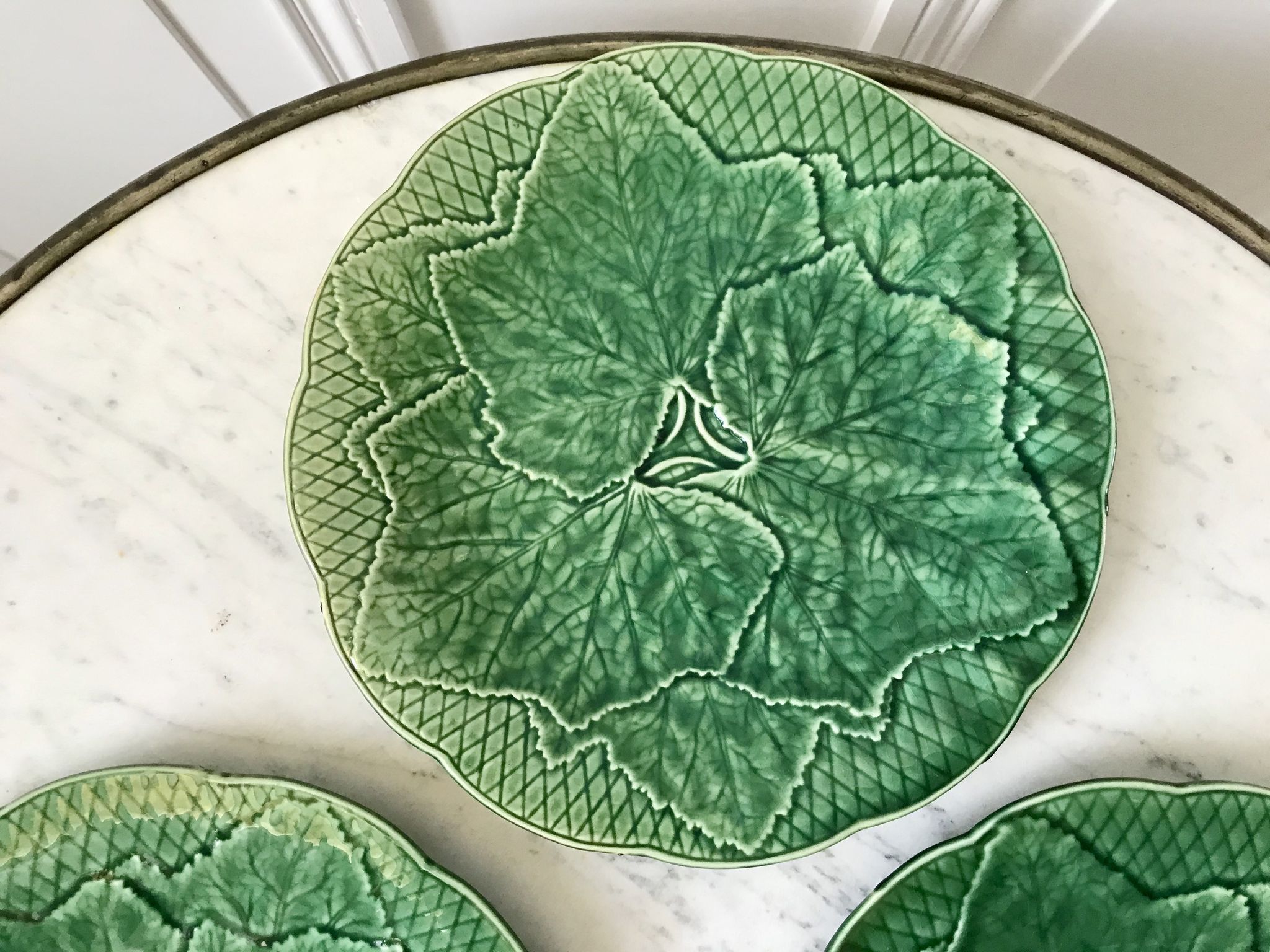 Trio of dessert plates gien model leaves in slip 50s