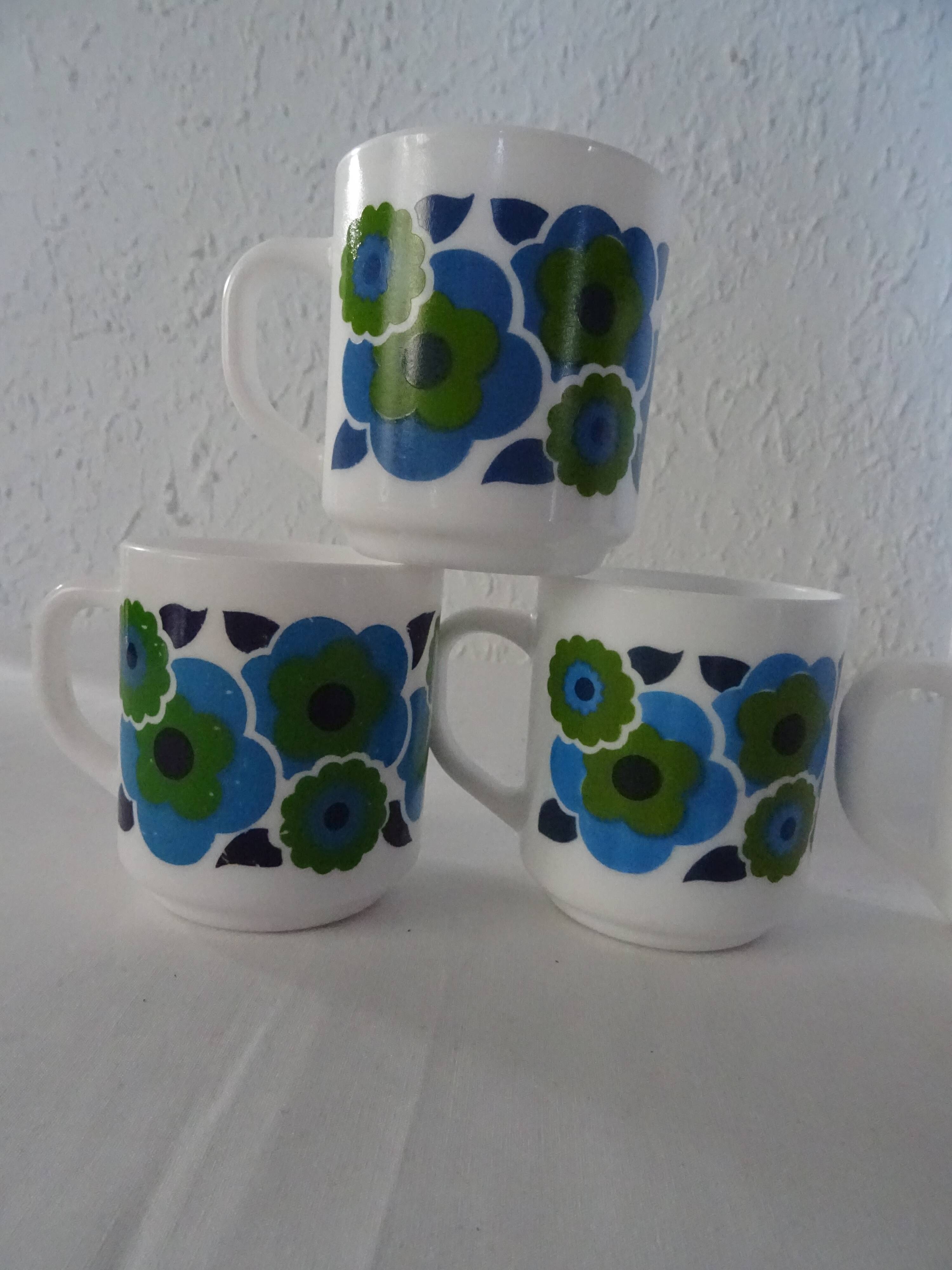 6 MUGS vintage flowers LOTUS 562112 Arcopal FRANCE orange blue