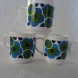 6 MUGS vintage flowers LOTUS 562112 Arcopal FRANCE orange blue