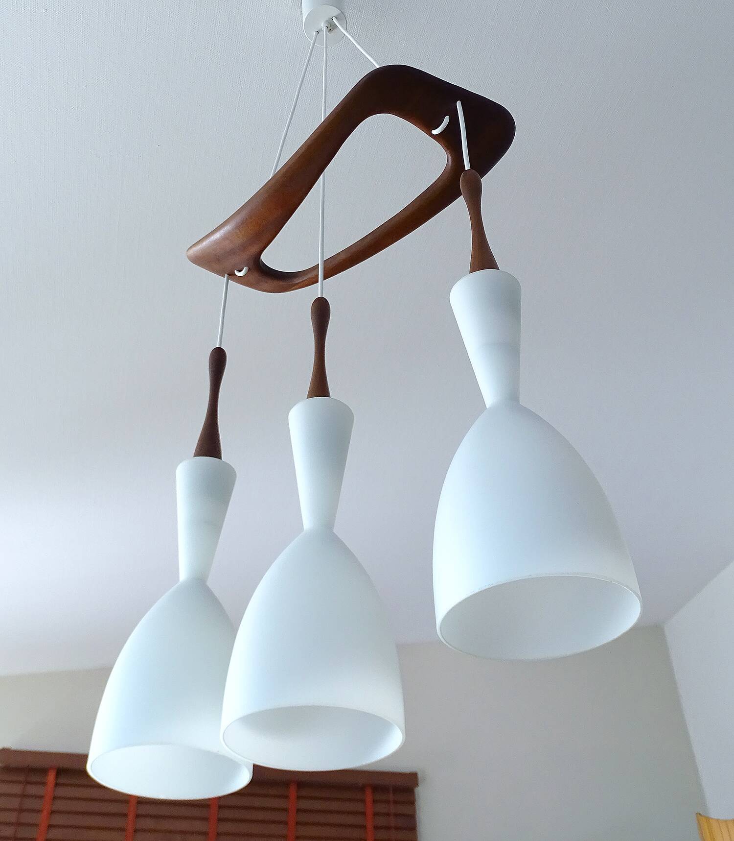 Large Scandinavian Pendant Light, Teak Wood and Glass