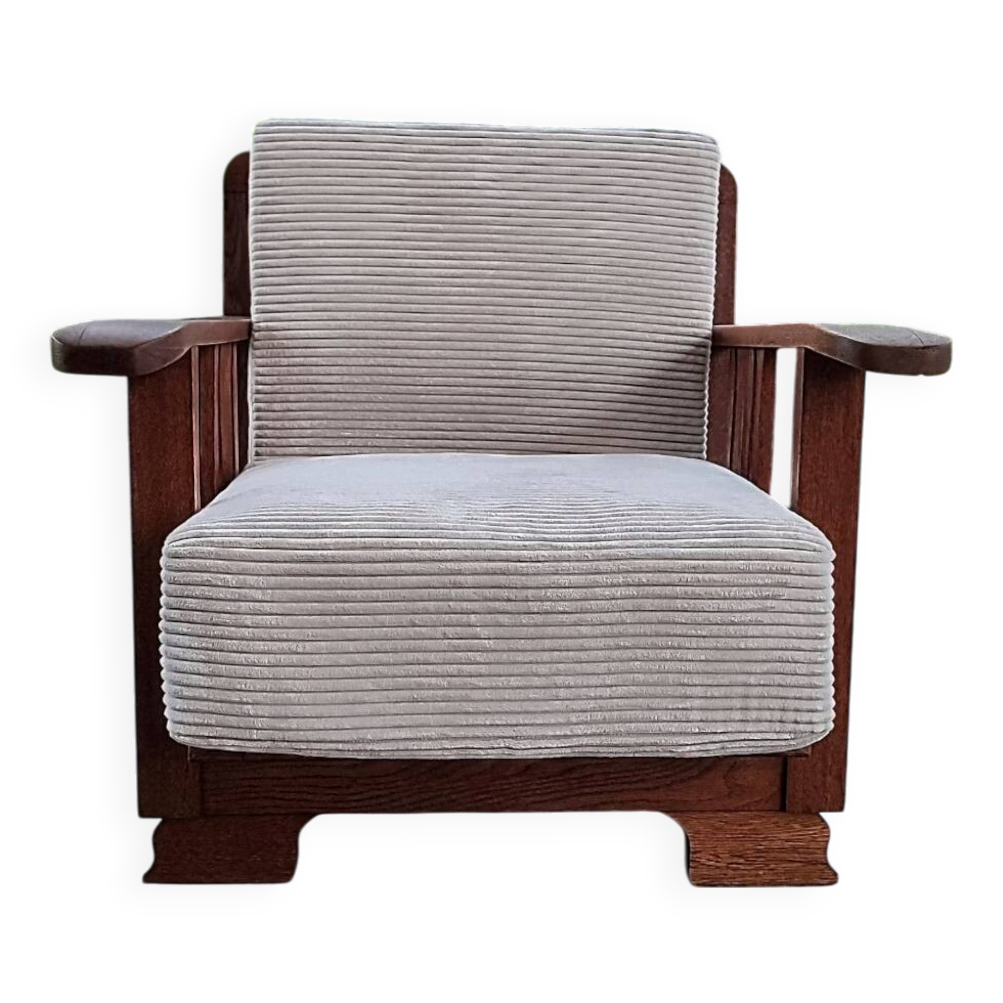 Art Deco armchair in solid oak and off-white corduroy, 1950s