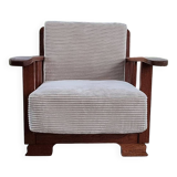 Art Deco armchair in solid oak and off-white corduroy, 1950s