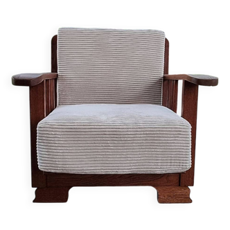 Fauteuil art déco chêne massif velours côtelé blanc cassé 1950