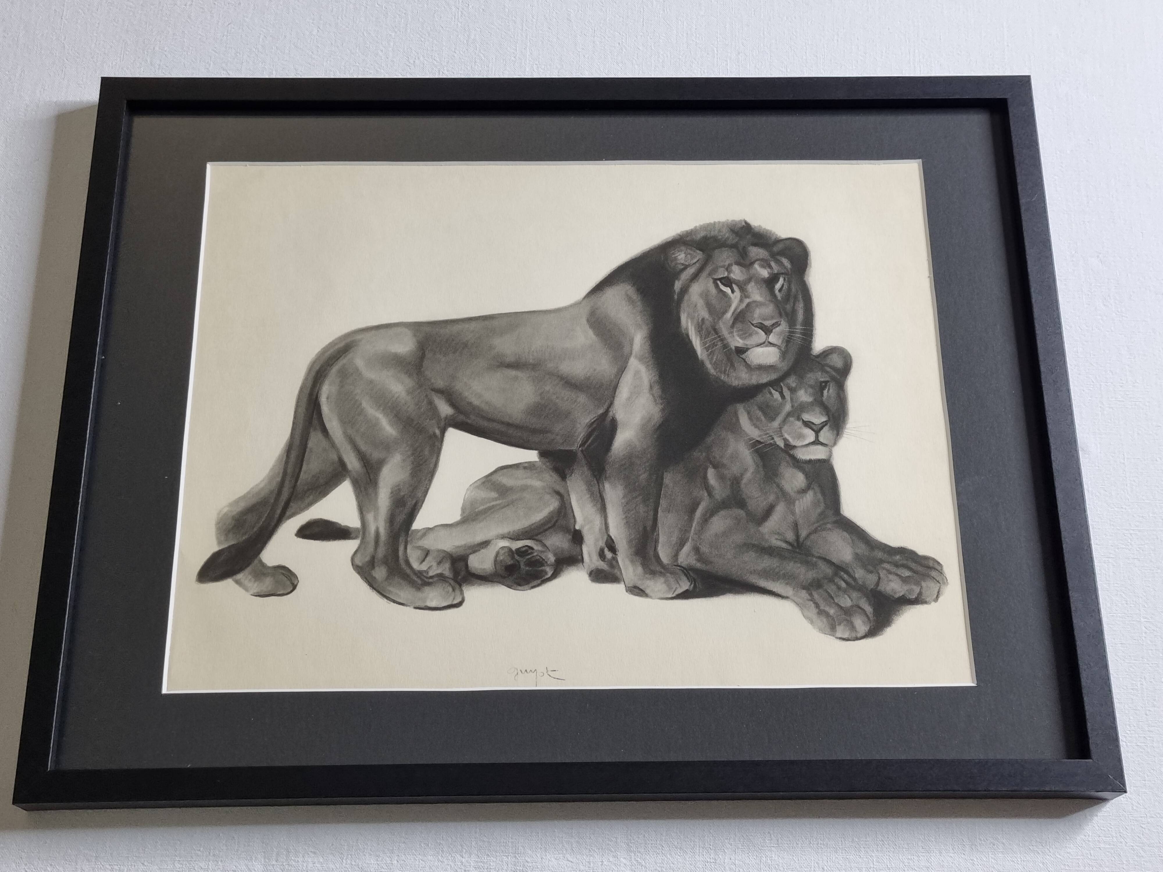 Print after Gorges Guyot, "couple of Lions", 1937, framed, 41 x 32 cm