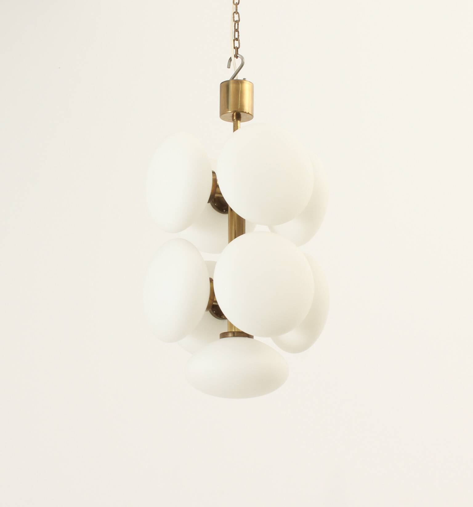 Brass and opaline Sputnik chandelier by Kaiser Leuchten, Germany, 1960s.