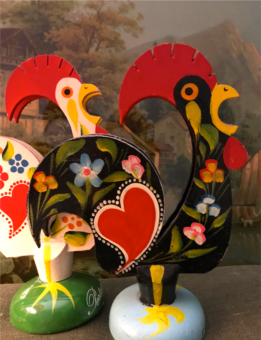 Retro wooden roosters vintage red green black and white Portugal